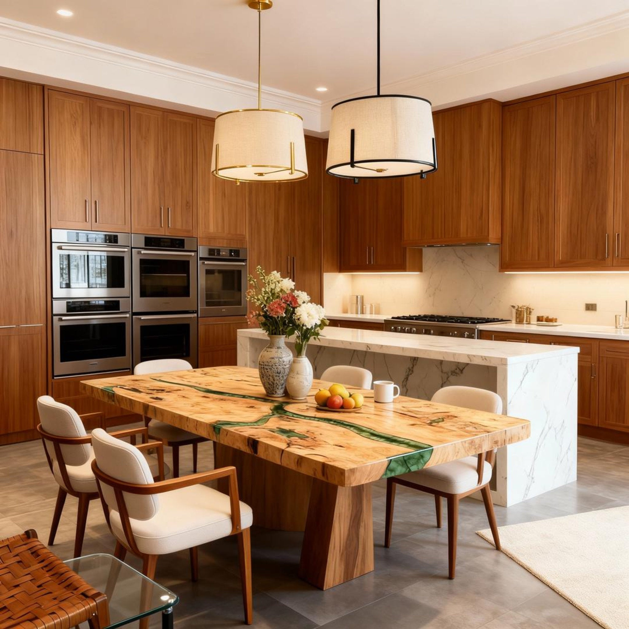 Table rivière personnalisée en bois de peuplier et résine époxy, vert émeraude GNS-482