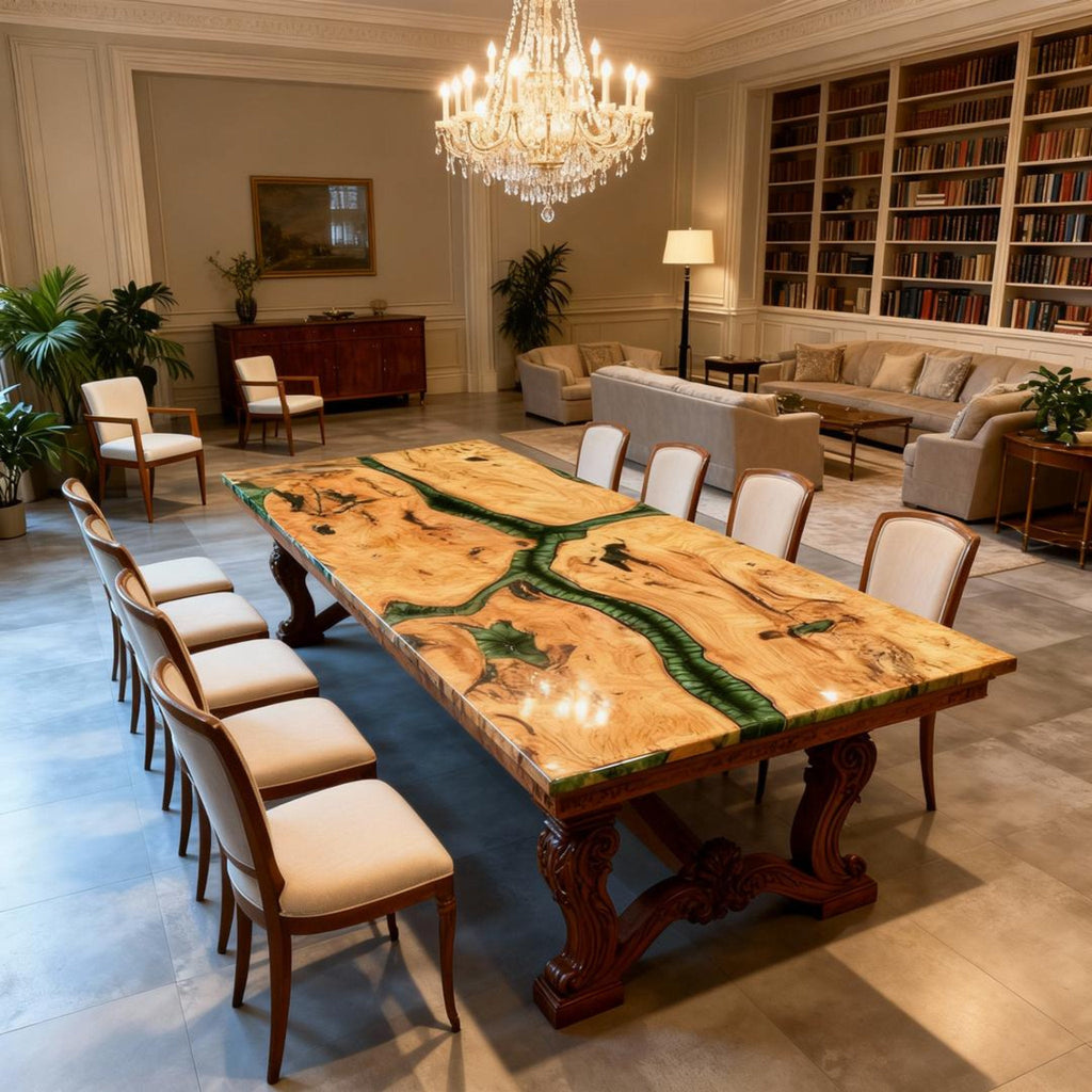 Table rivière personnalisée en bois de peuplier et résine époxy, vert émeraude GNS-482