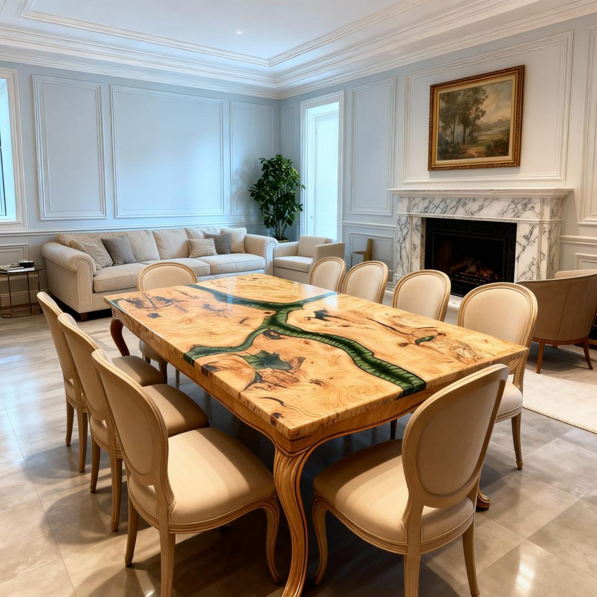 Table rivière personnalisée en bois de peuplier et résine époxy, vert émeraude GNS-482