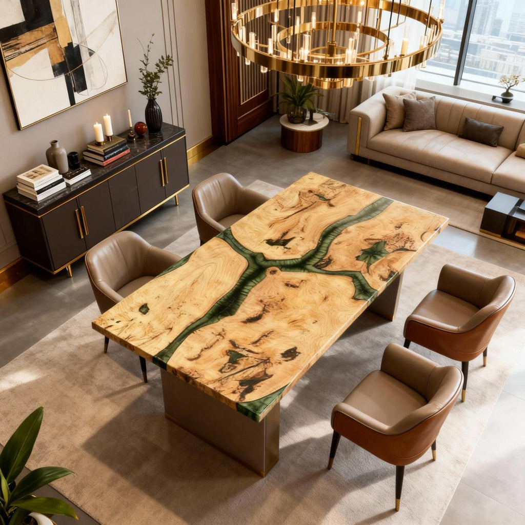 Table rivière personnalisée en bois de peuplier et résine époxy, vert émeraude GNS-482