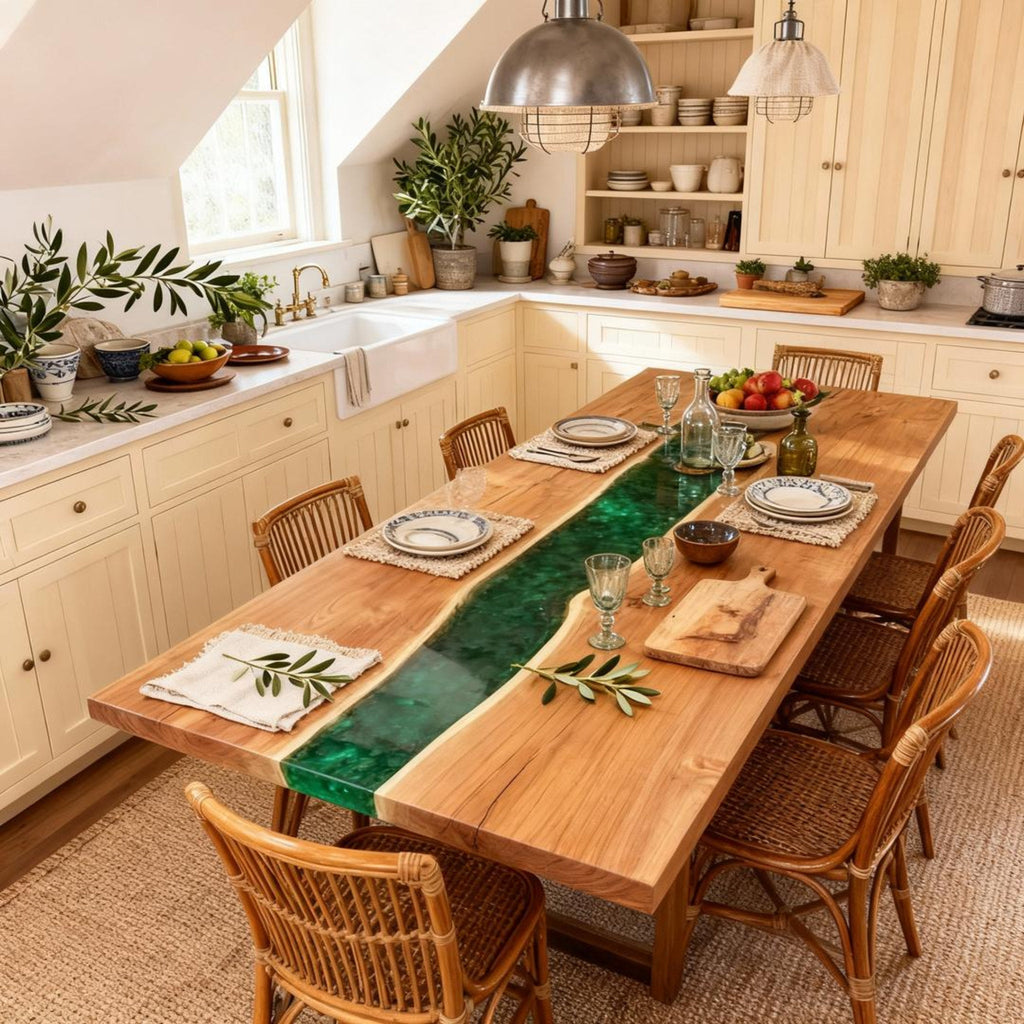 Table rivière sur mesure en bois de peuplier et résine époxy, vert émeraude ZKP-782