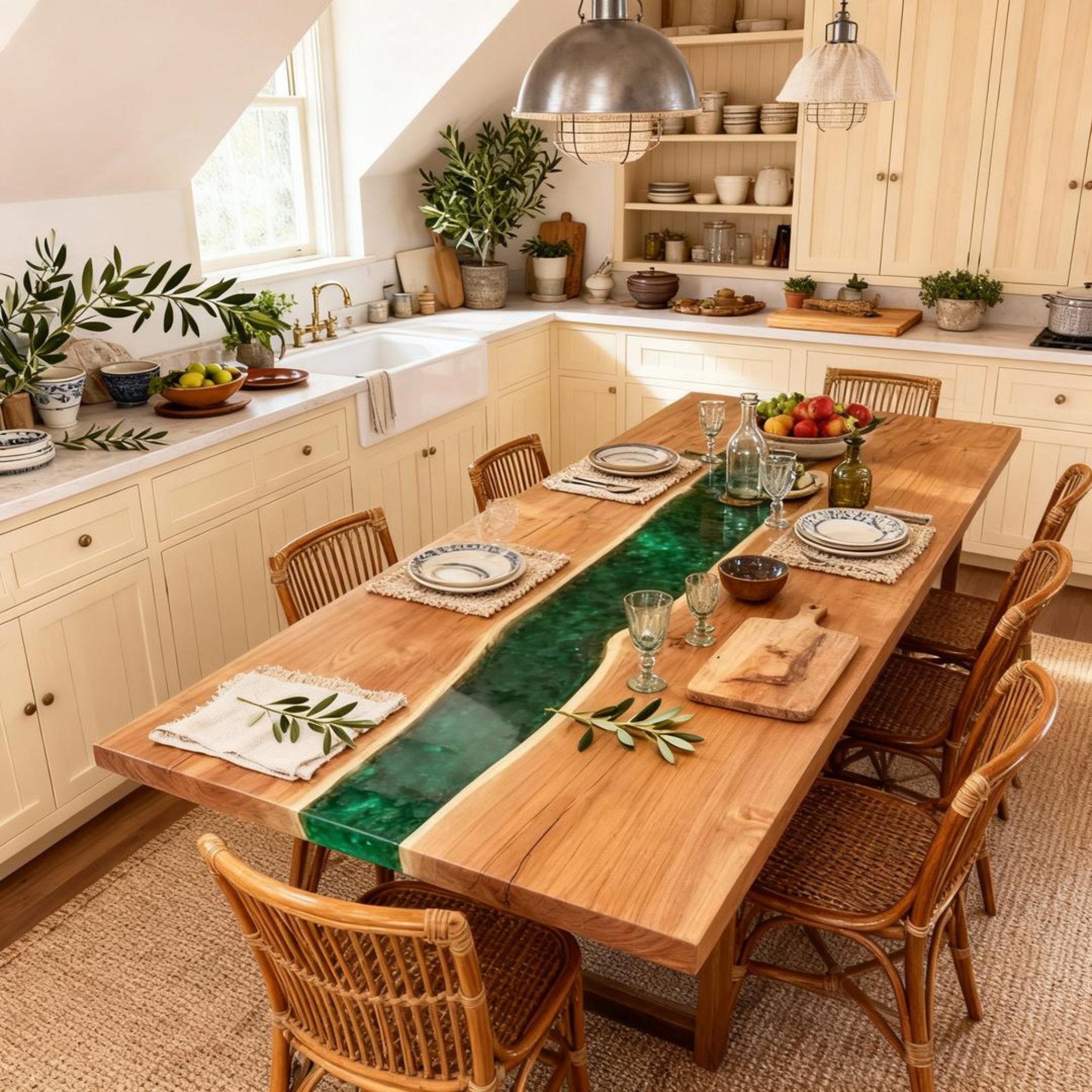 Table rivière sur mesure en bois de peuplier et résine époxy, vert émeraude ZKP-782