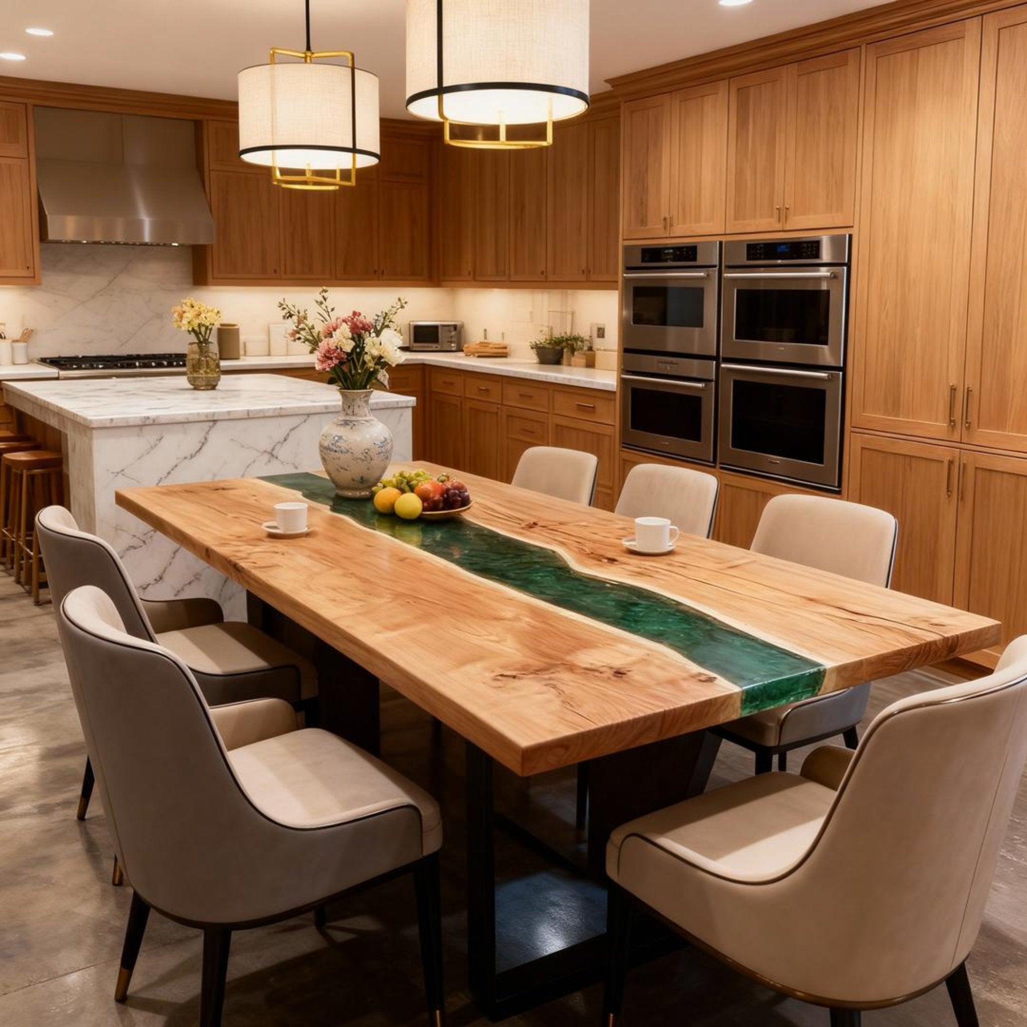 Table rivière sur mesure en bois de peuplier et résine époxy, vert émeraude ZKP-782