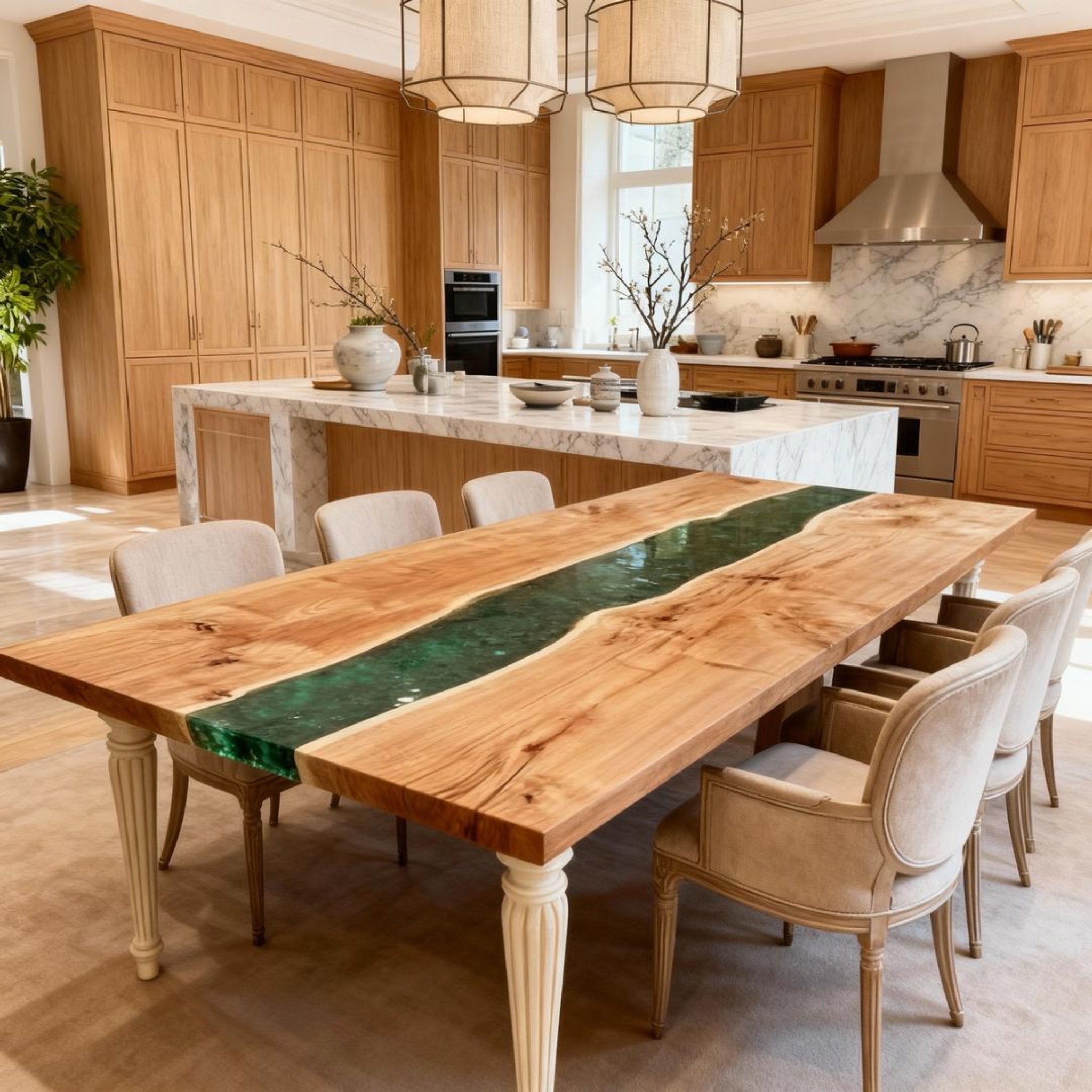 Table rivière sur mesure en bois de peuplier et résine époxy, vert émeraude ZKP-782