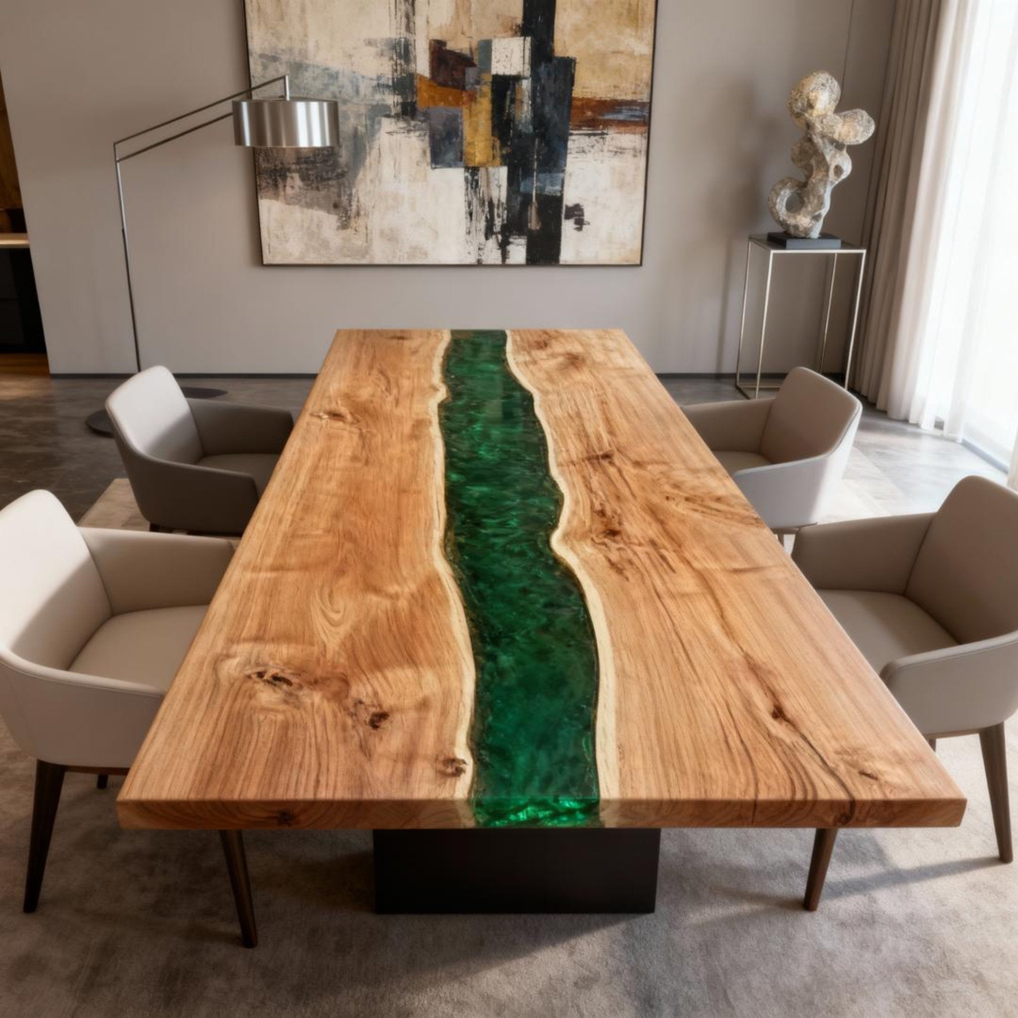 Table rivière sur mesure en bois de peuplier et résine époxy, vert émeraude ZKP-782