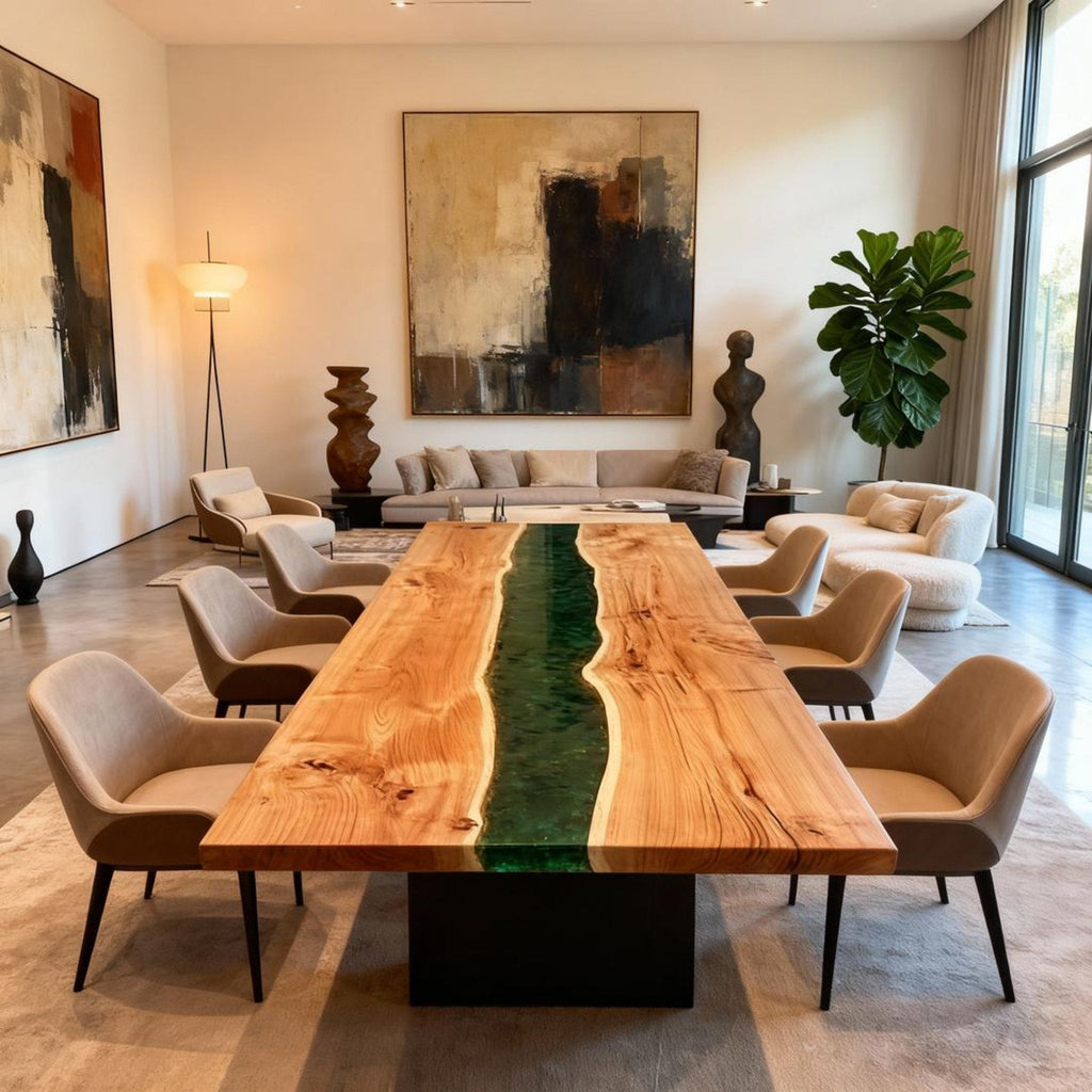 Table rivière sur mesure en bois de peuplier et résine époxy, vert émeraude ZKP-782