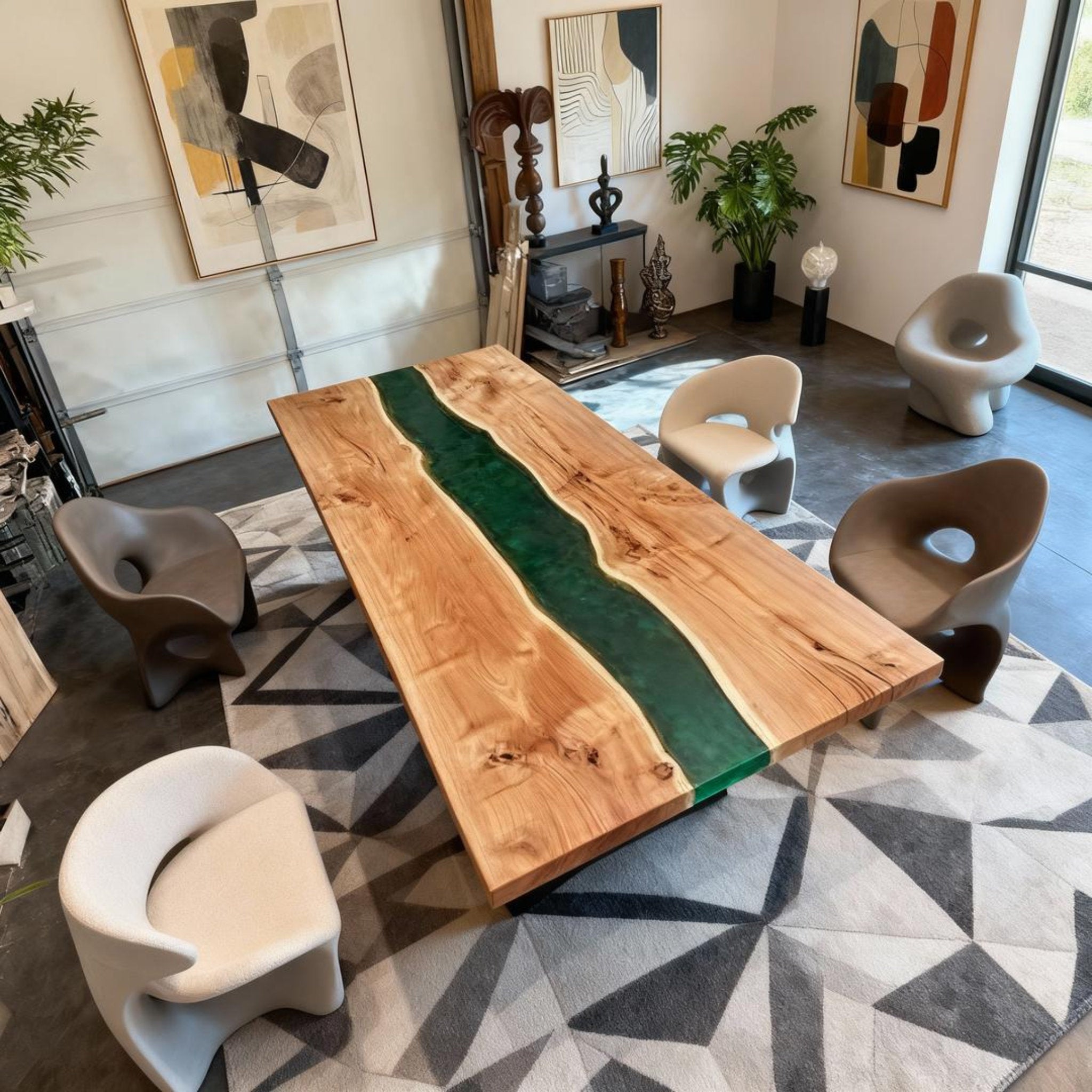 Table rivière sur mesure en bois de peuplier et résine époxy, vert émeraude ZKP-782