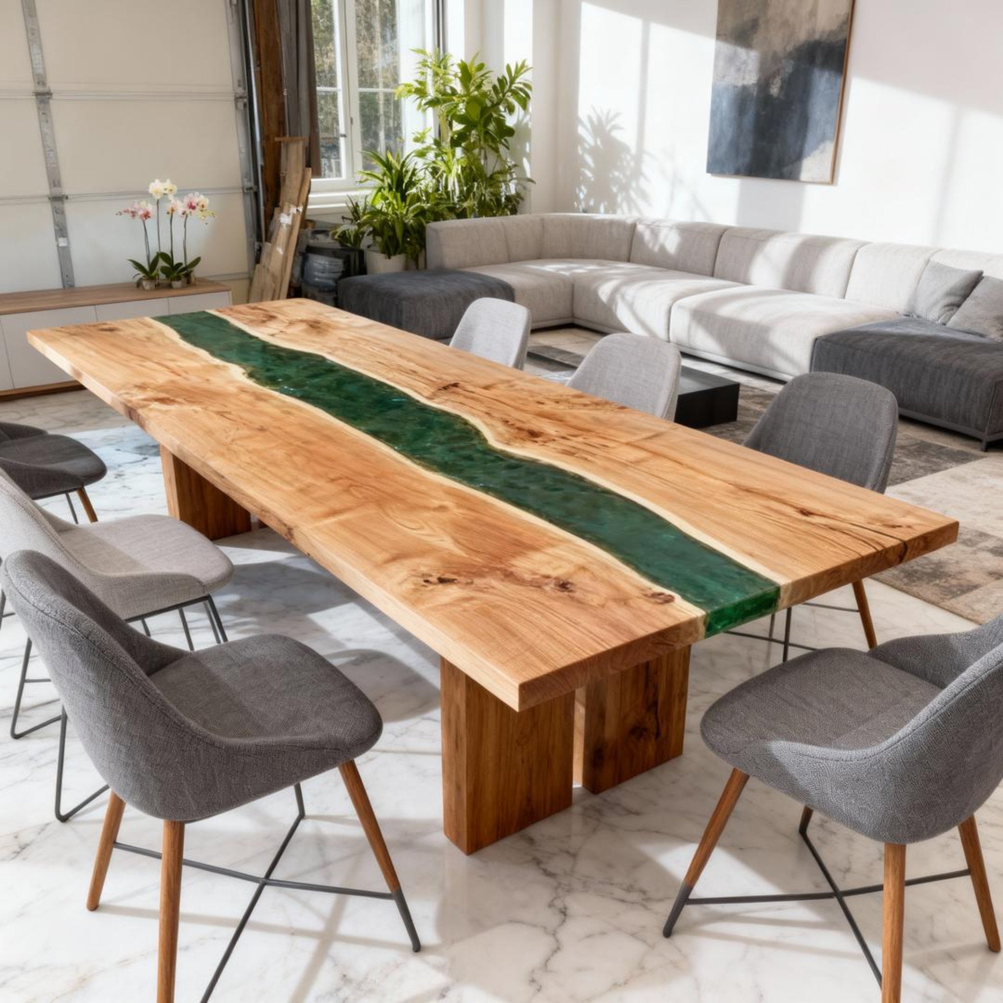 Table rivière sur mesure en bois de peuplier et résine époxy, vert émeraude ZKP-782