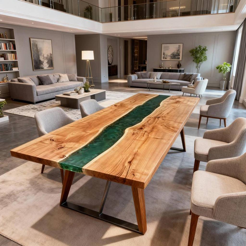 Table rivière sur mesure en bois de peuplier et résine époxy, vert émeraude ZKP-782