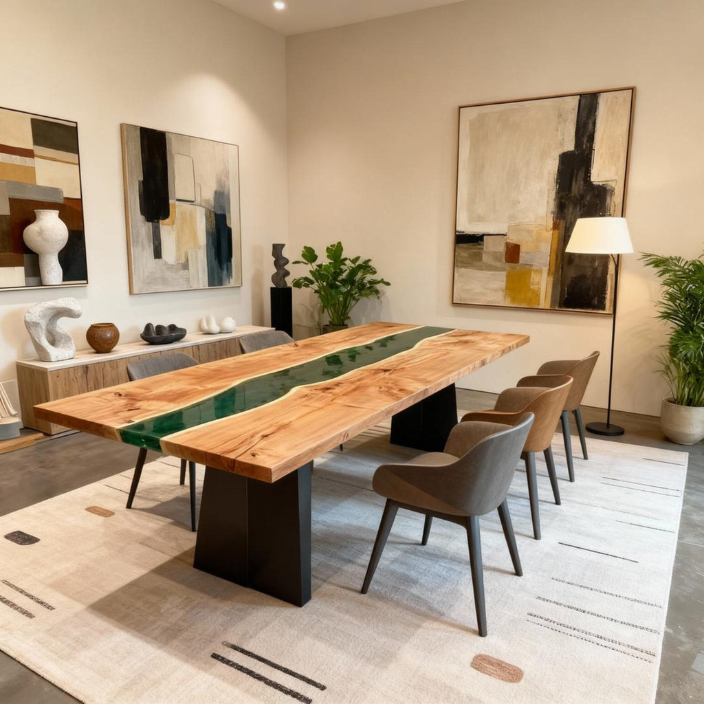 Table rivière sur mesure en bois de peuplier et résine époxy, vert émeraude ZKP-782