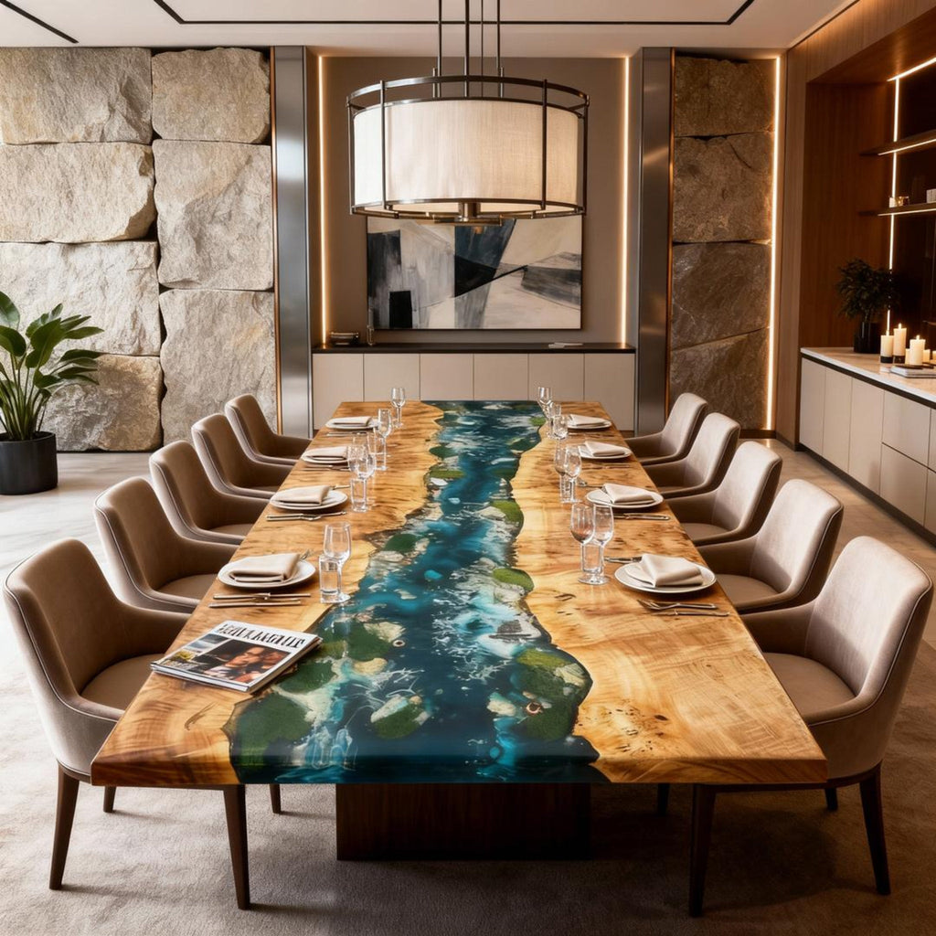 Table rivière personnalisée en bois de peuplier et résine époxy, couleur bleu sarcelle émeraude, VKT-638