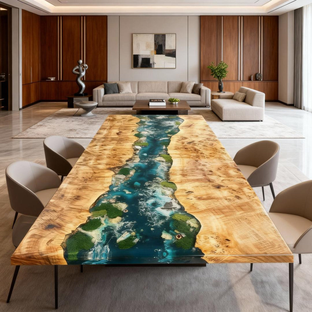 Table rivière personnalisée en bois de peuplier et résine époxy, couleur bleu sarcelle émeraude, VKT-638