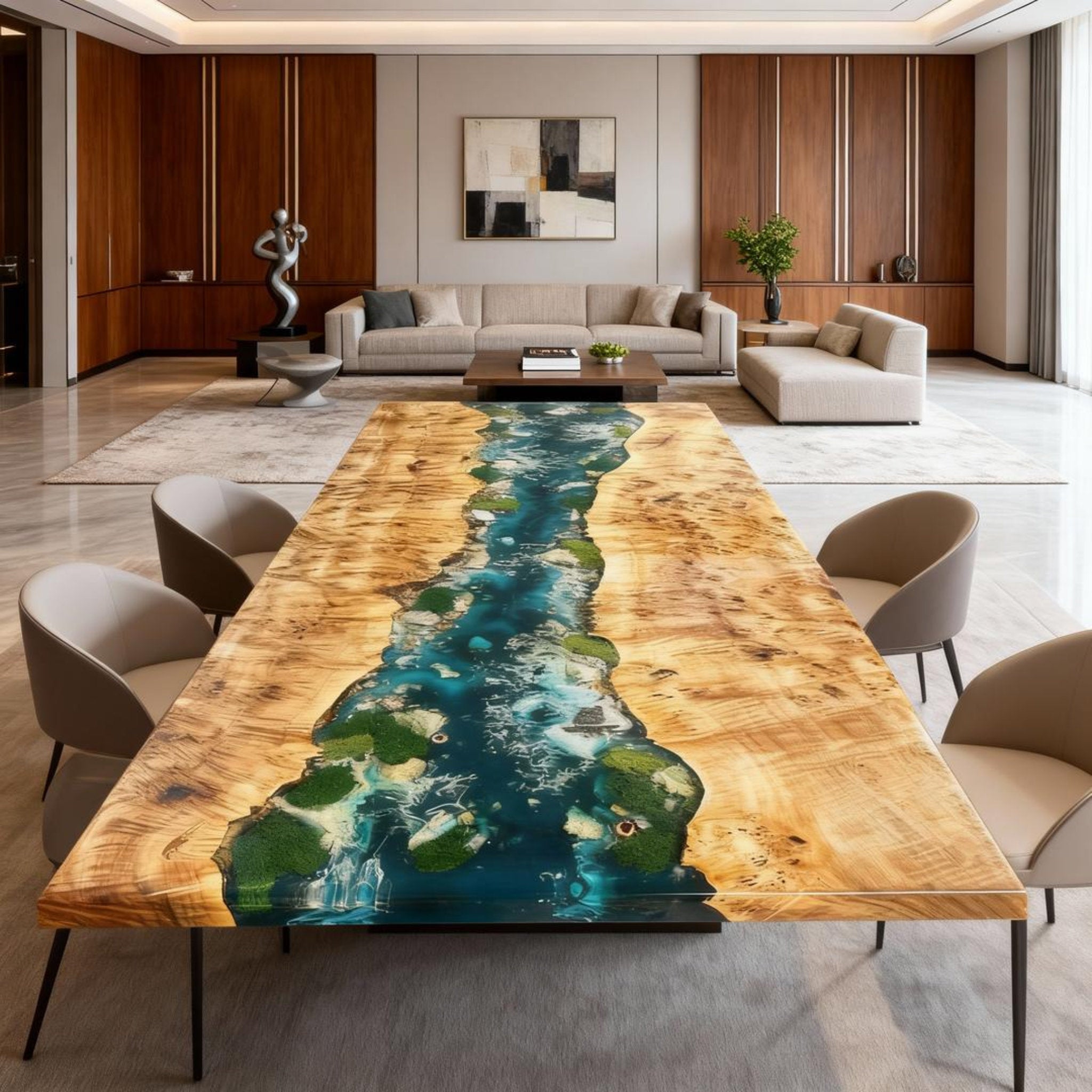 Table rivière personnalisée en bois de peuplier et résine époxy, couleur bleu sarcelle émeraude, VKT-638