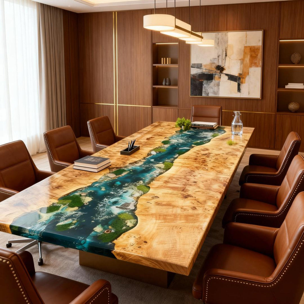 Table rivière personnalisée en bois de peuplier et résine époxy, couleur bleu sarcelle émeraude, VKT-638