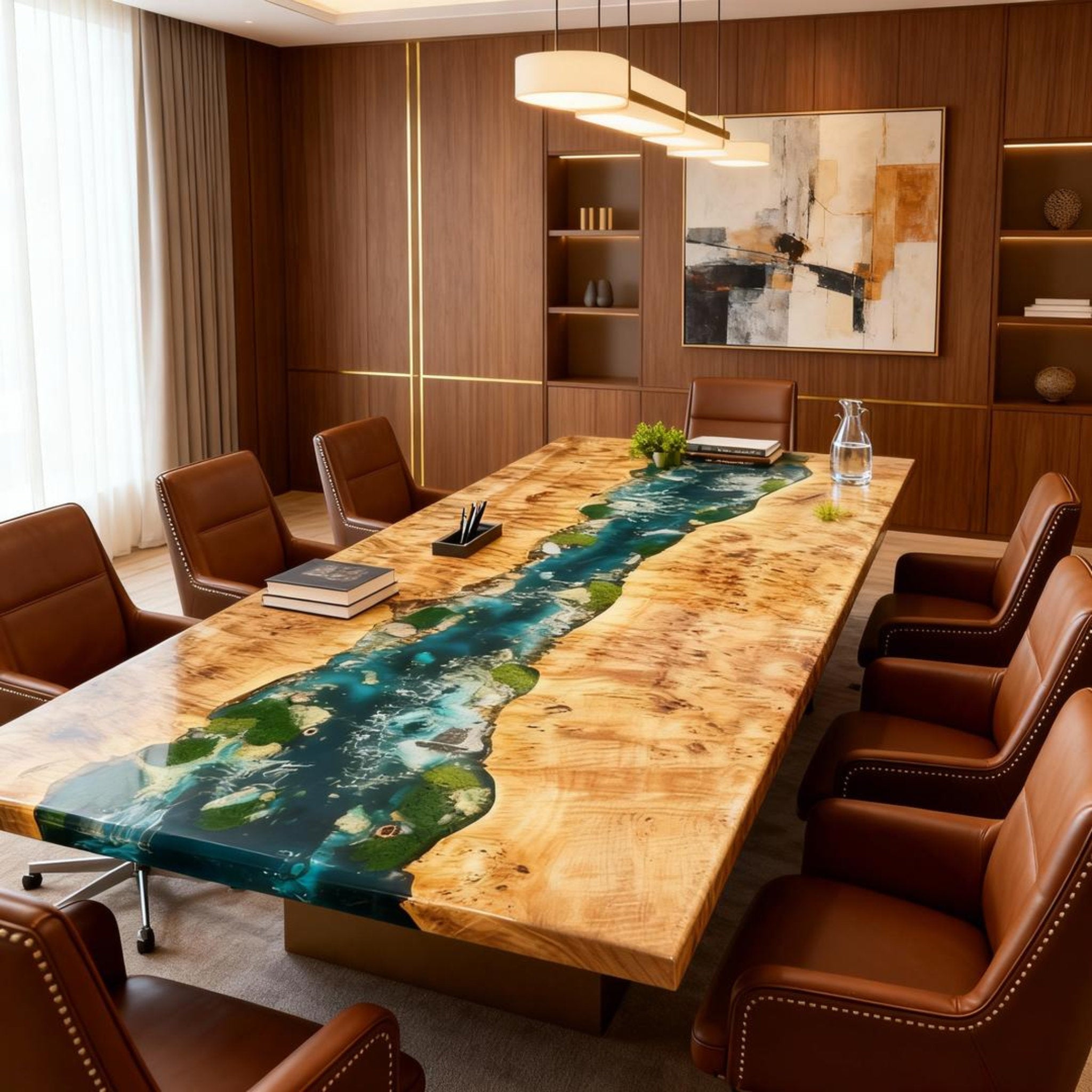 Table rivière personnalisée en bois de peuplier et résine époxy, couleur bleu sarcelle émeraude, VKT-638