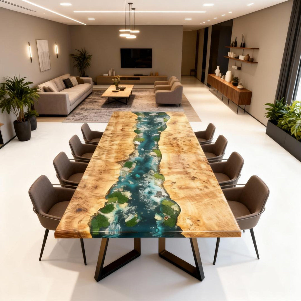 Table rivière personnalisée en bois de peuplier et résine époxy, couleur bleu sarcelle émeraude, VKT-638