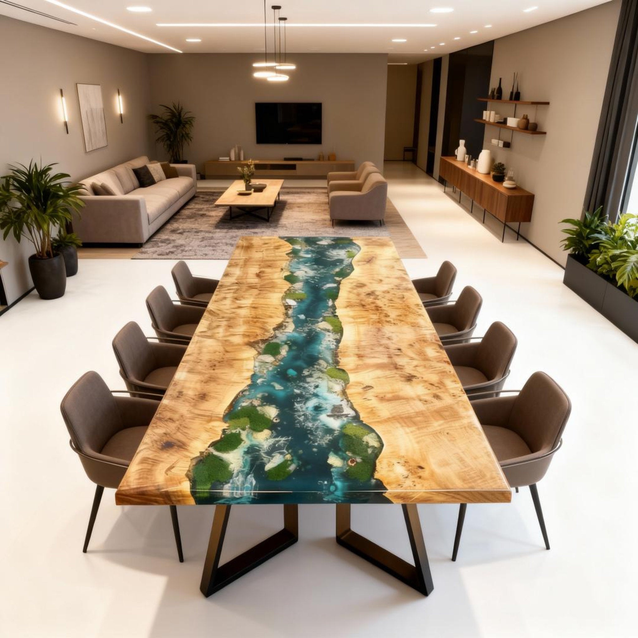 Table rivière personnalisée en bois de peuplier et résine époxy, couleur bleu sarcelle émeraude, VKT-638