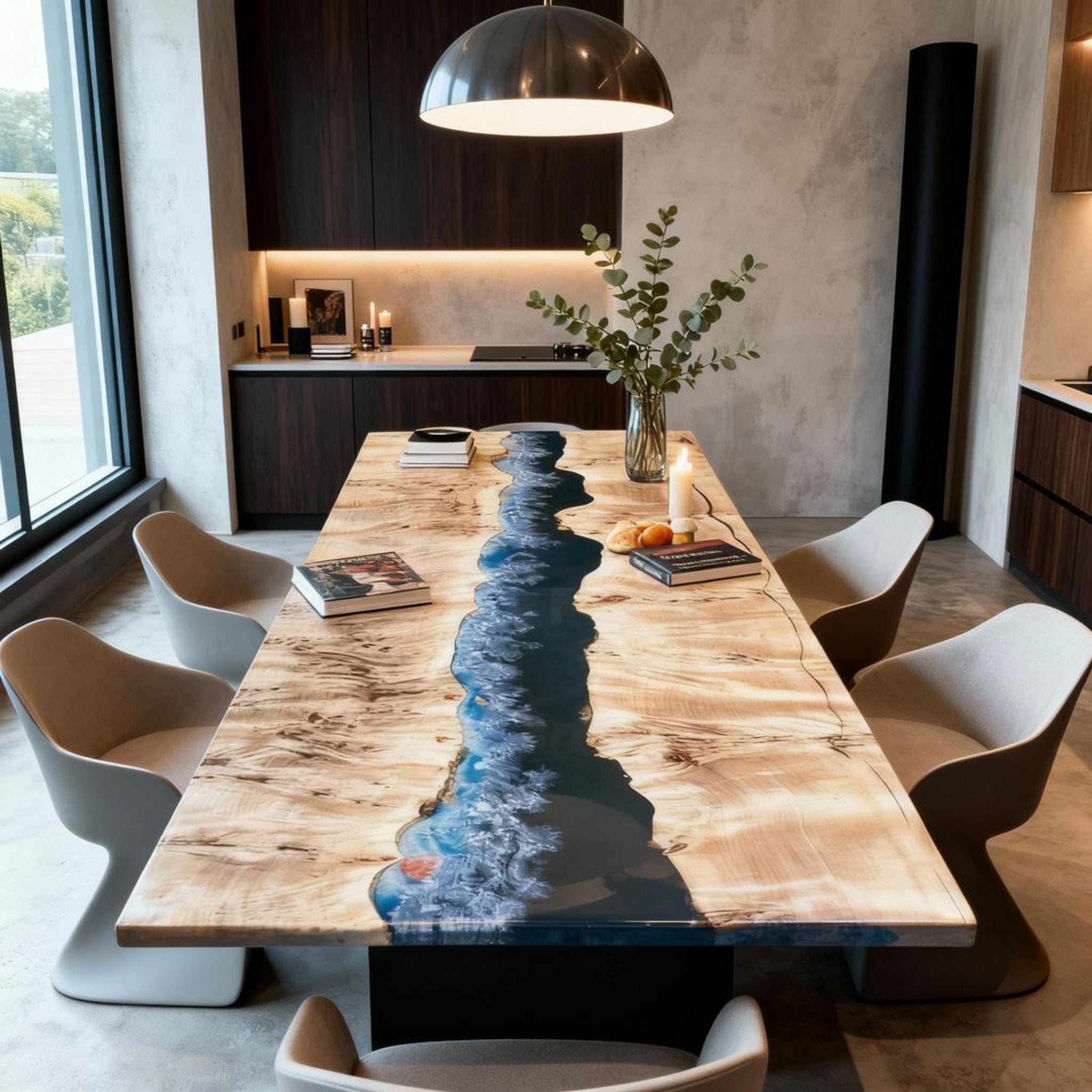 Table rivière sur mesure en bois de peuplier et résine époxy bleu nuit KTP-862