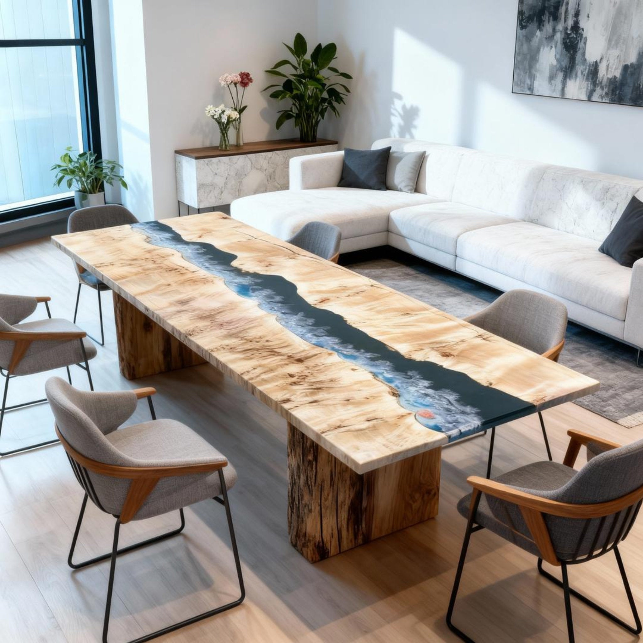 Table rivière sur mesure en bois de peuplier et résine époxy bleu nuit KTP-862