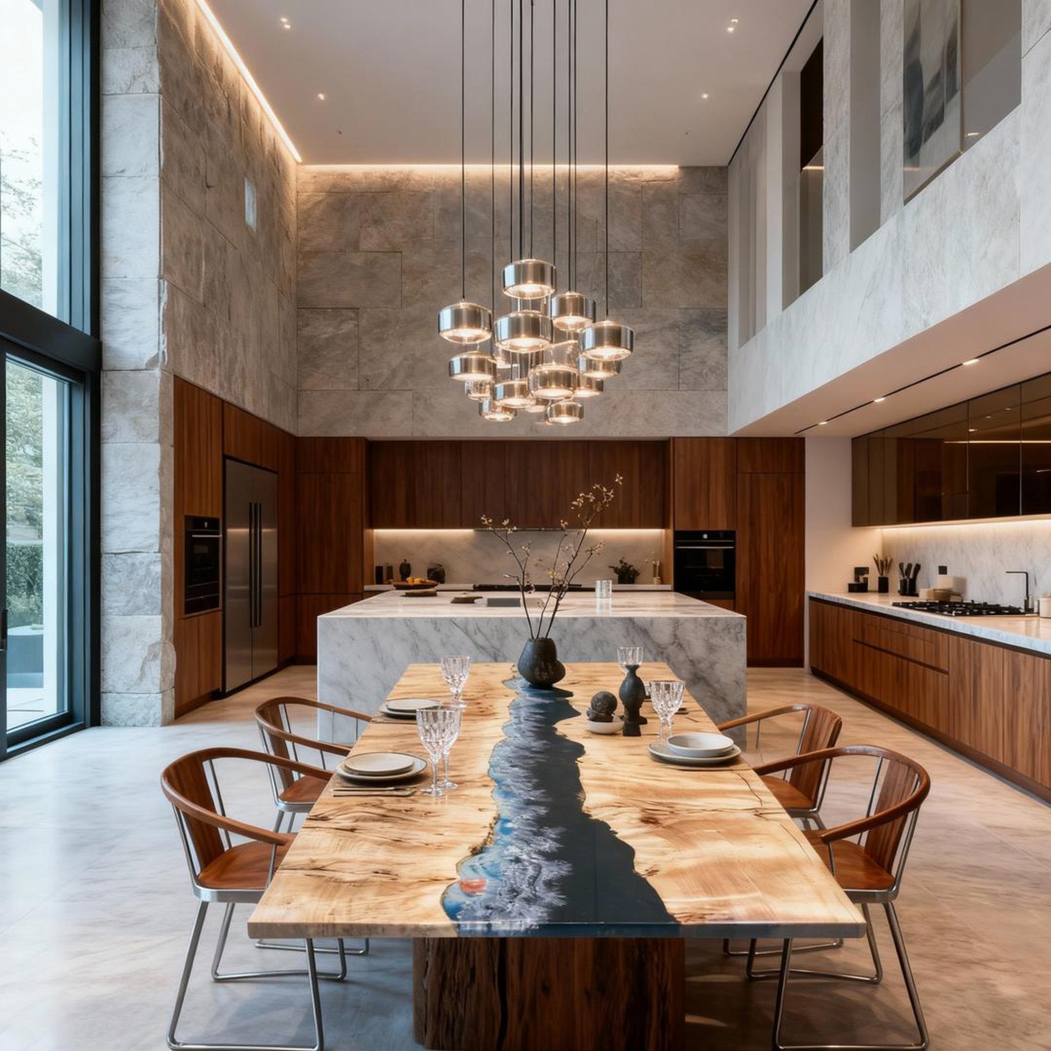 Table rivière sur mesure en bois de peuplier et résine époxy bleu nuit KTP-862