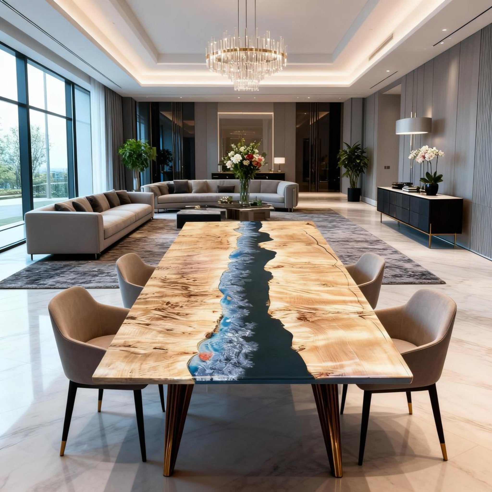 Table rivière sur mesure en bois de peuplier et résine époxy bleu nuit KTP-862