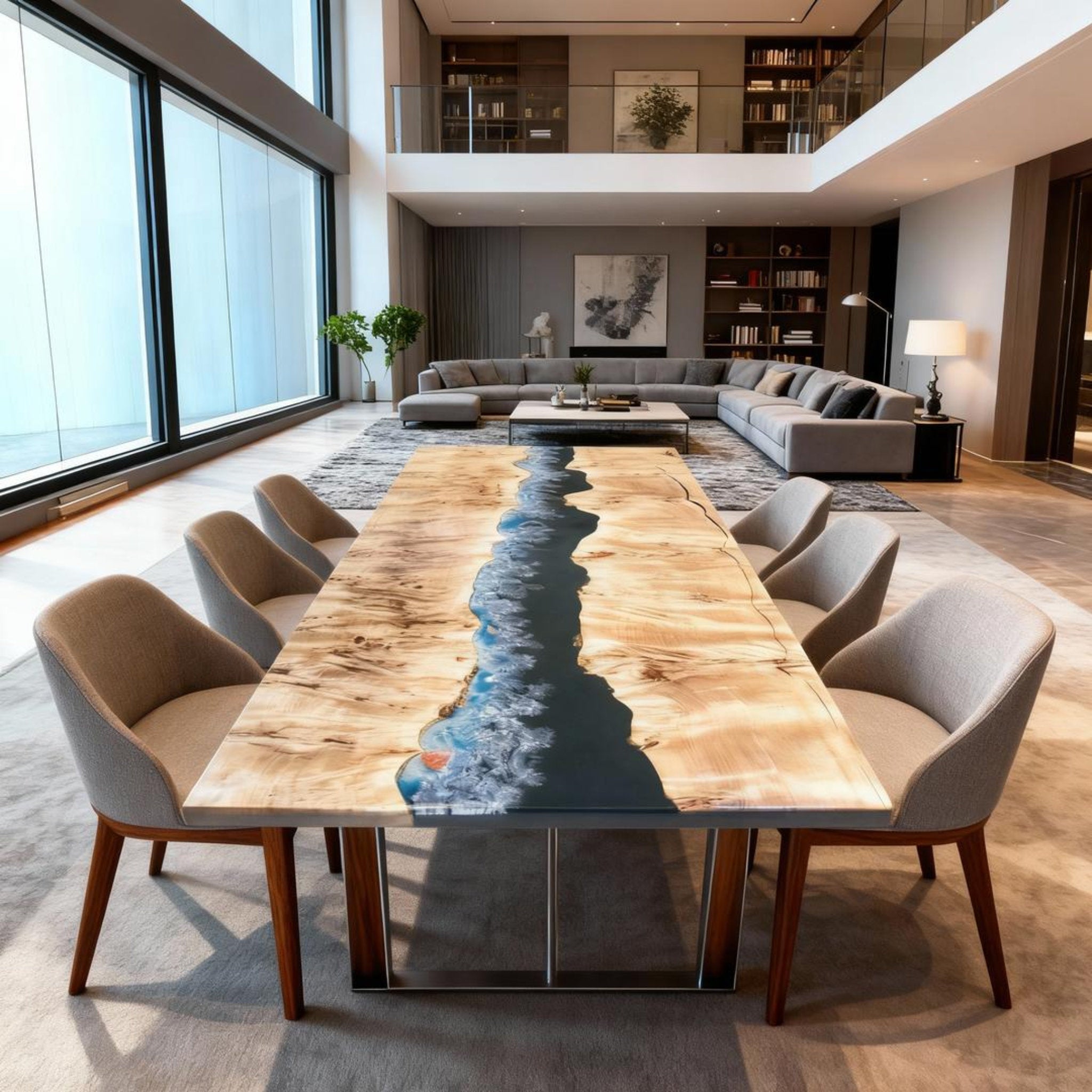 Table rivière sur mesure en bois de peuplier et résine époxy bleu nuit KTP-862