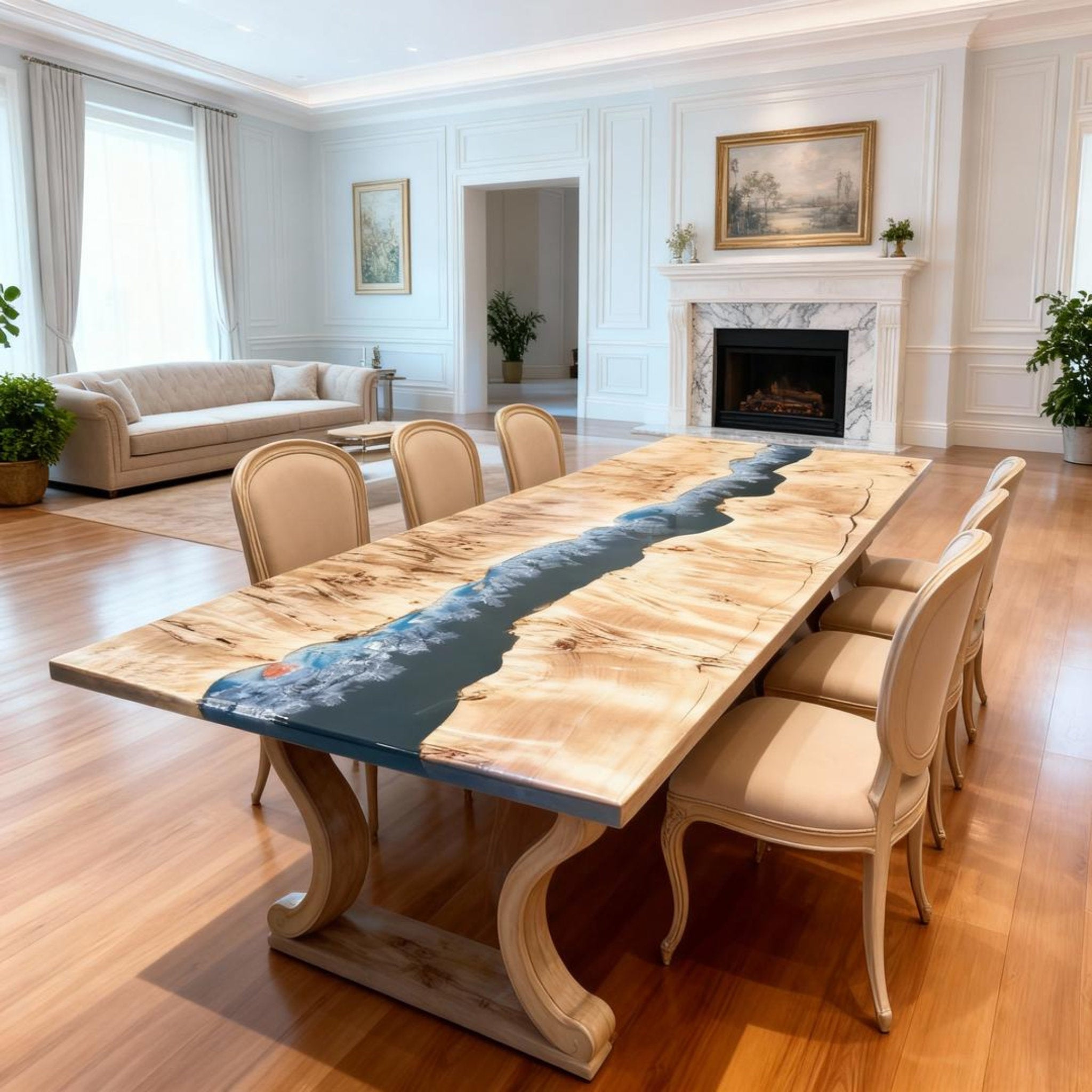 Table rivière sur mesure en bois de peuplier et résine époxy bleu nuit KTP-862