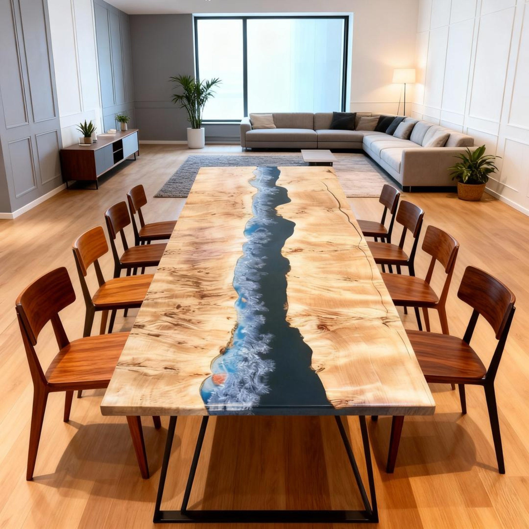 Table rivière sur mesure en bois de peuplier et résine époxy bleu nuit KTP-862