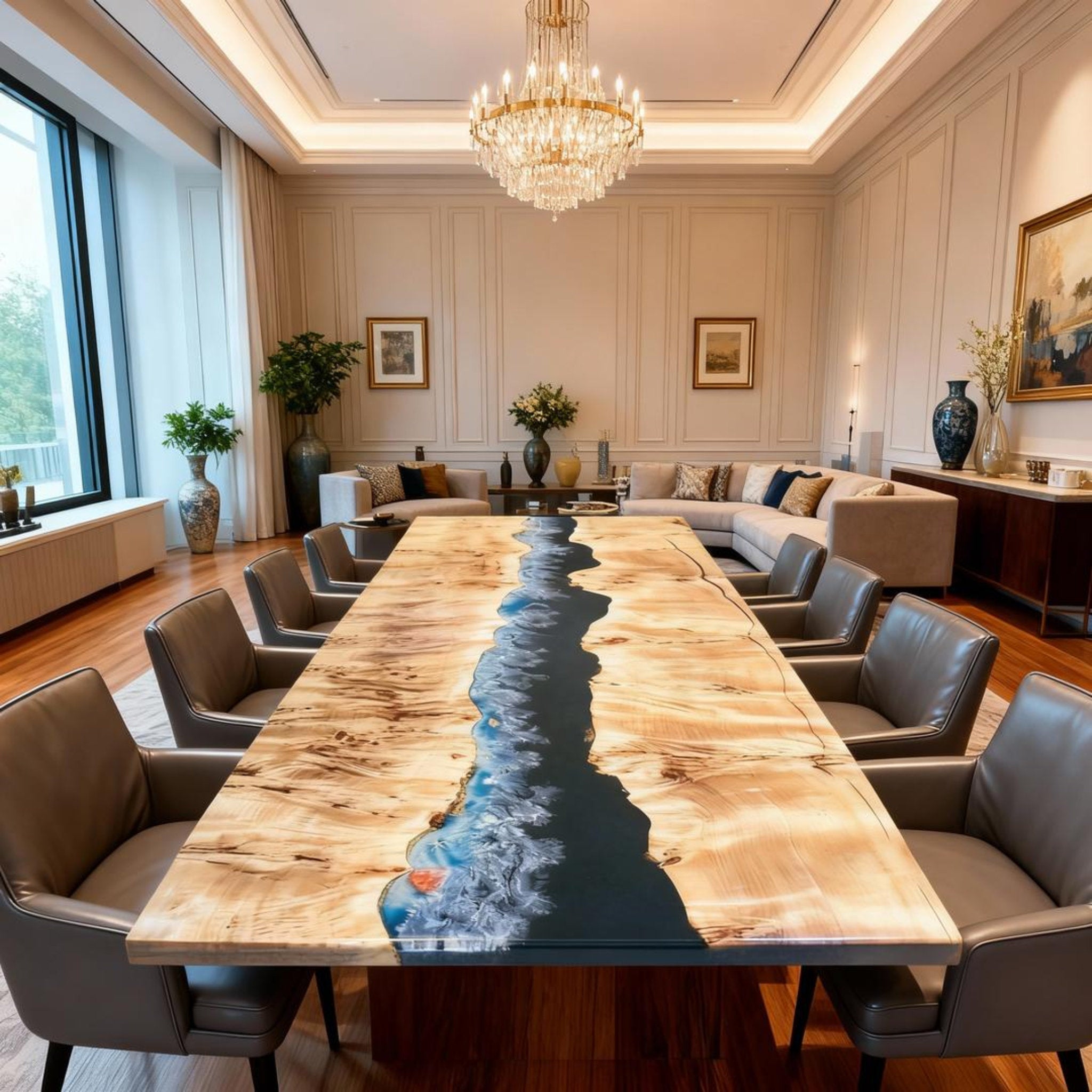 Table rivière sur mesure en bois de peuplier et résine époxy bleu nuit KTP-862