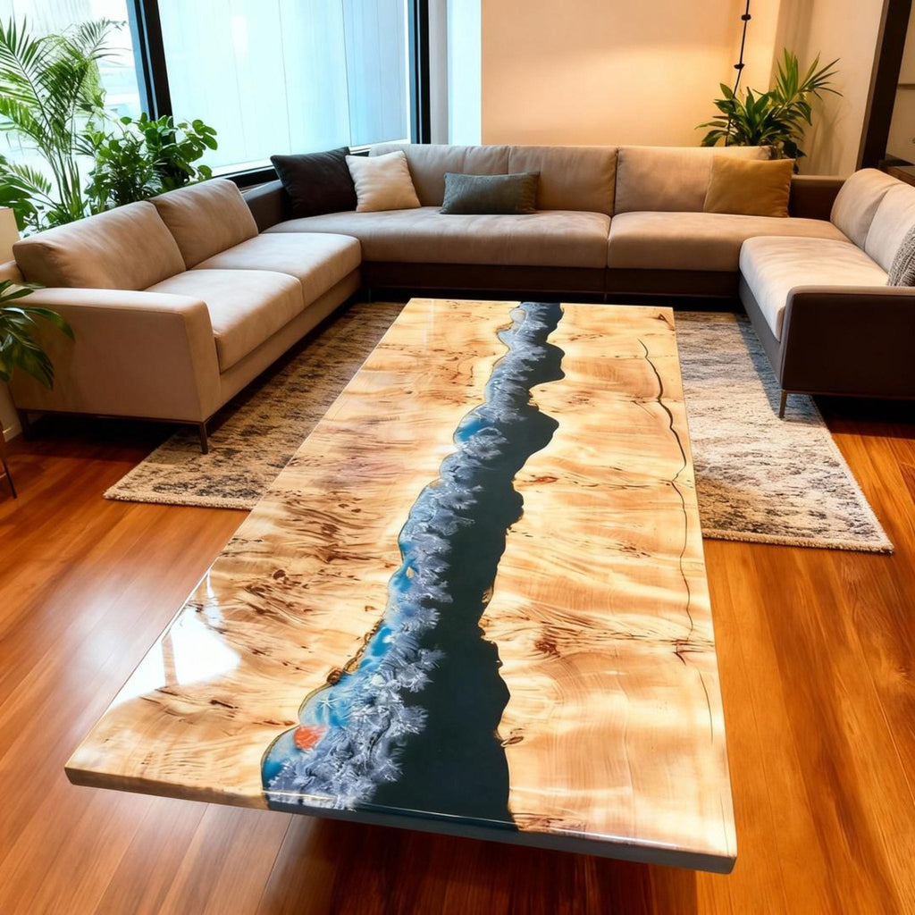 Table rivière sur mesure en bois de peuplier et résine époxy bleu nuit KTP-862