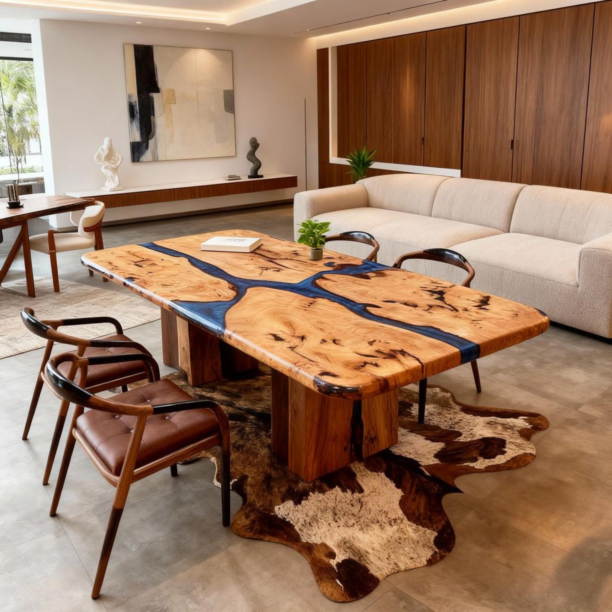 Table rivière en bois de peuplier sur mesure, résine époxy, bleu nuit NQF-739