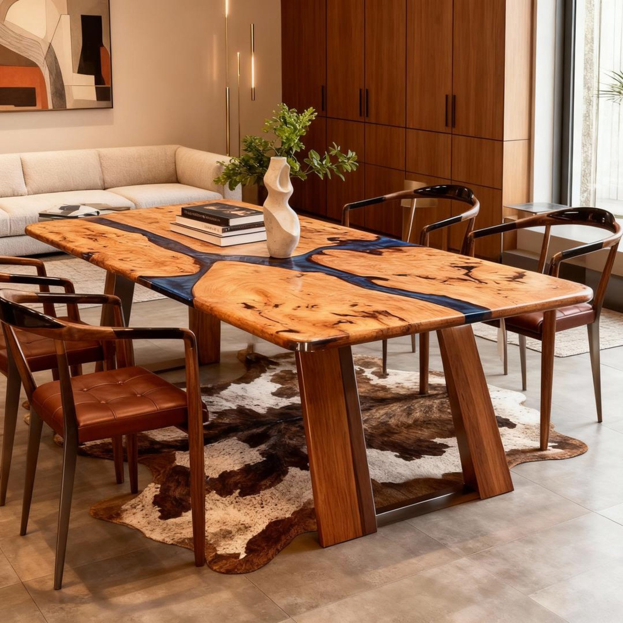 Table rivière en bois de peuplier sur mesure, résine époxy, bleu nuit NQF-739