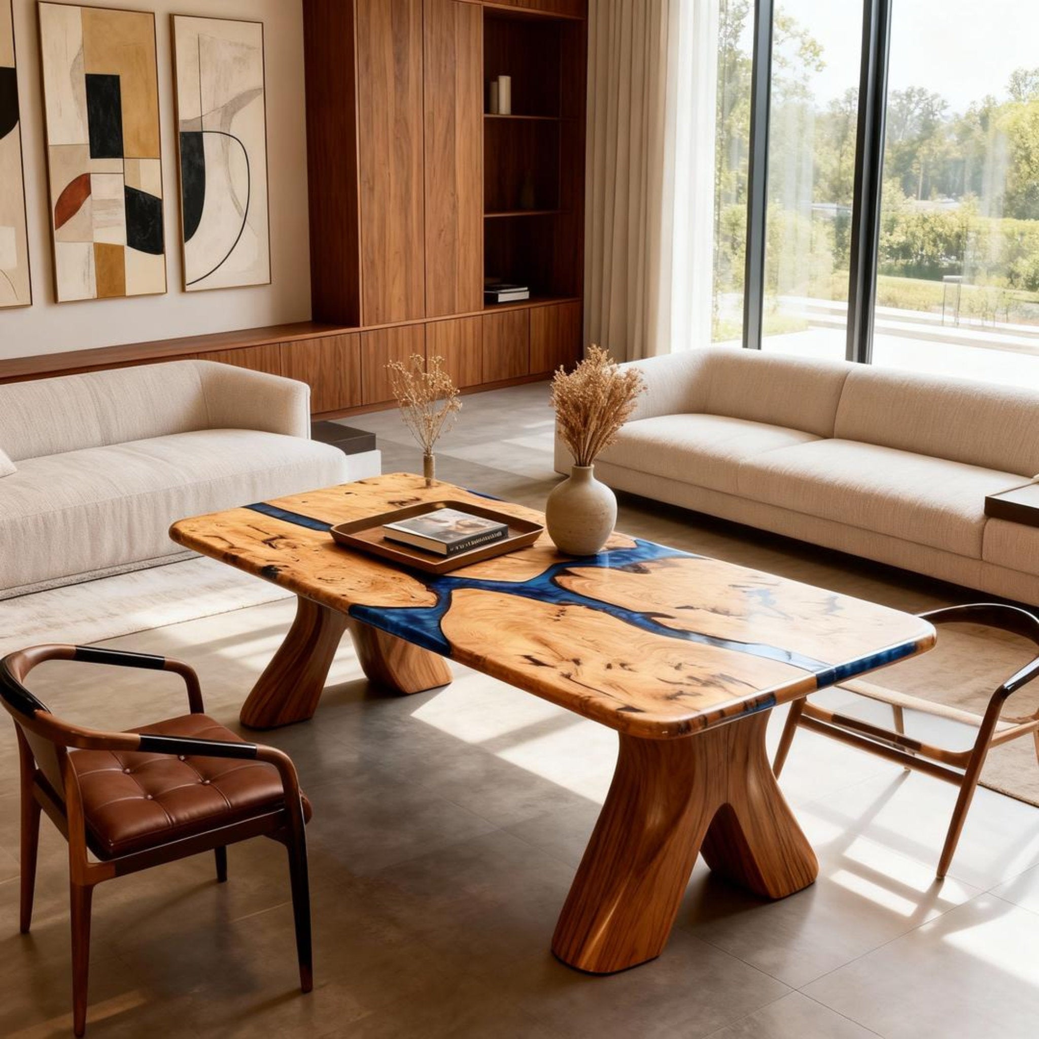 Table rivière en bois de peuplier sur mesure, résine époxy, bleu nuit NQF-739