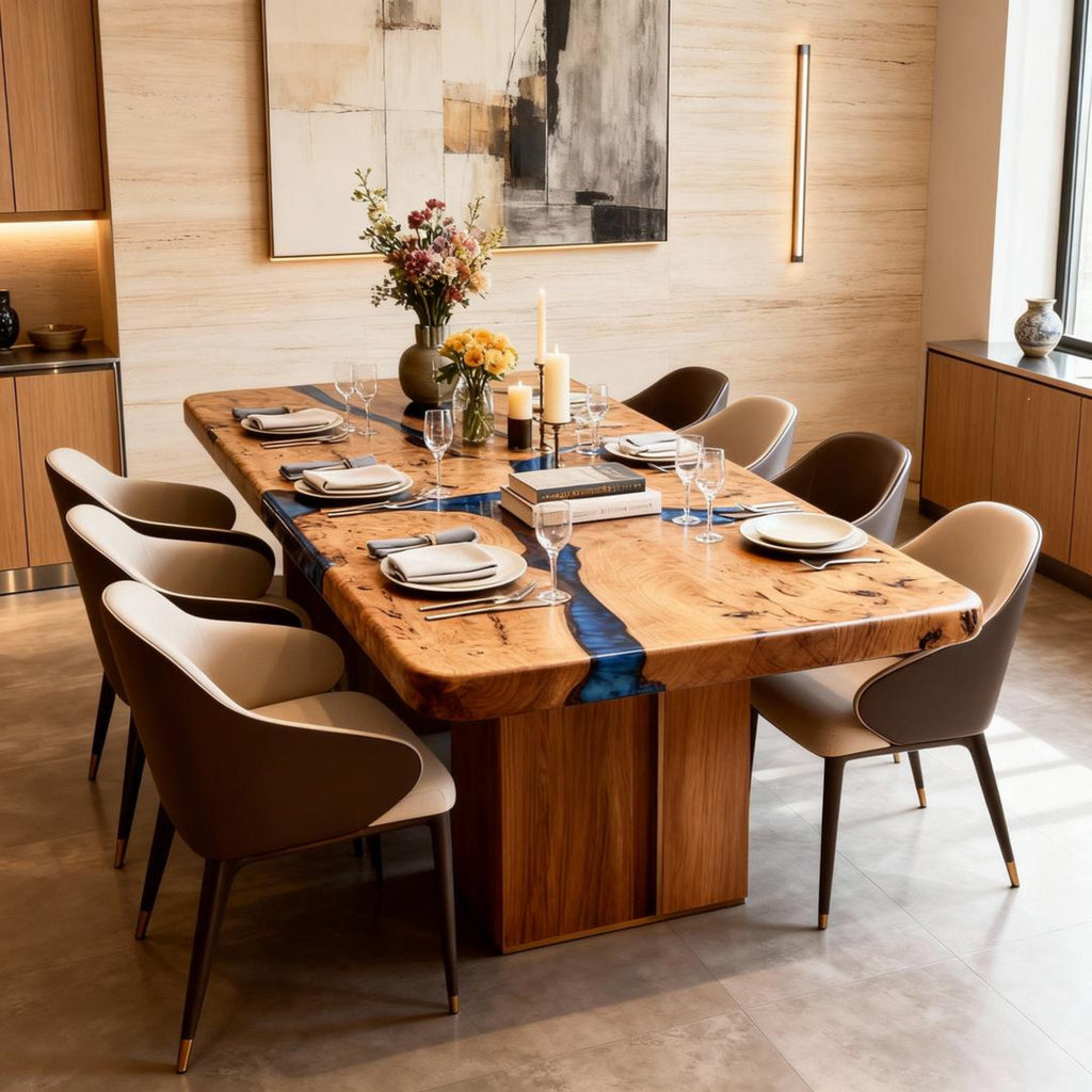 Table rivière en bois de peuplier sur mesure, résine époxy, bleu nuit NQF-739