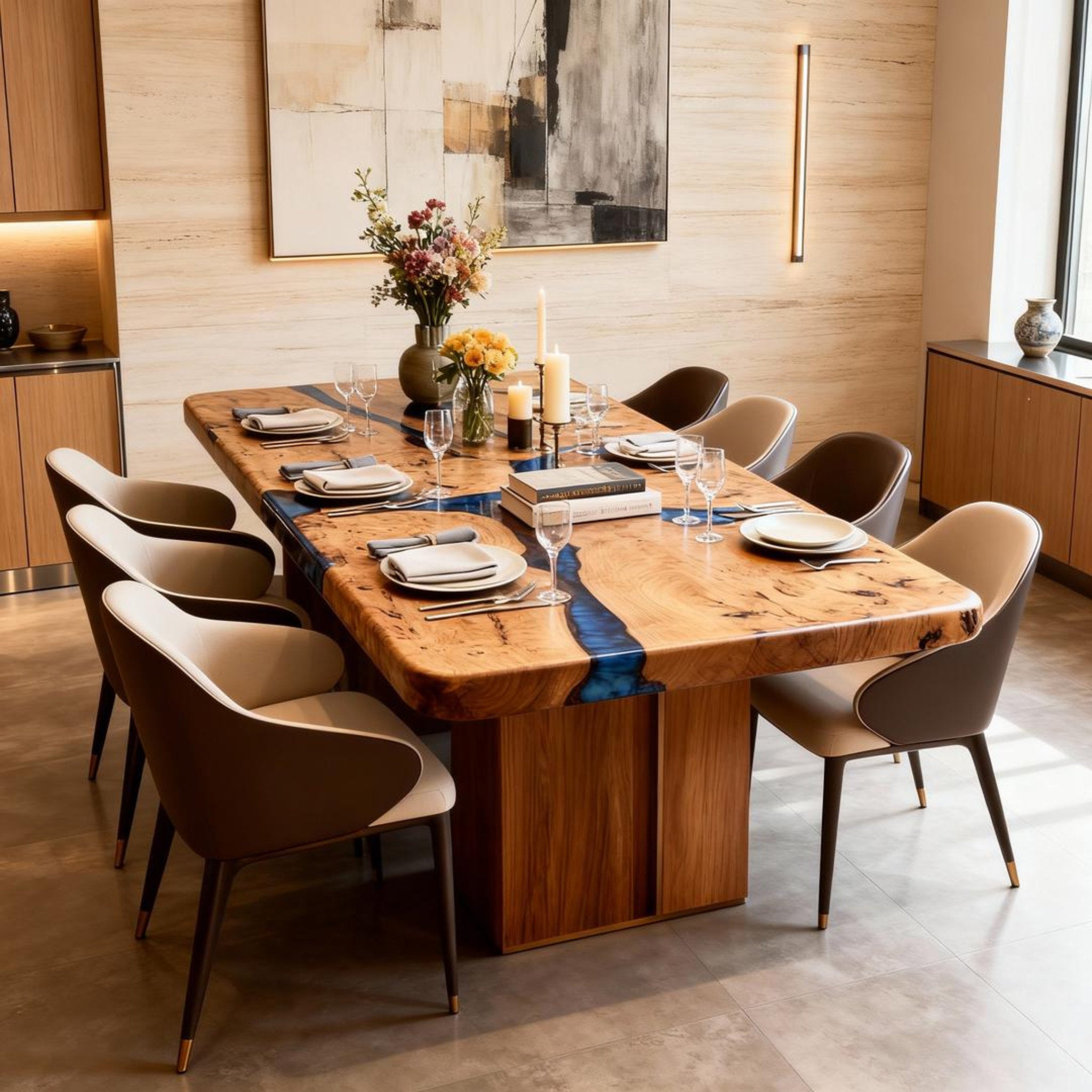 Table rivière en bois de peuplier sur mesure, résine époxy, bleu nuit NQF-739