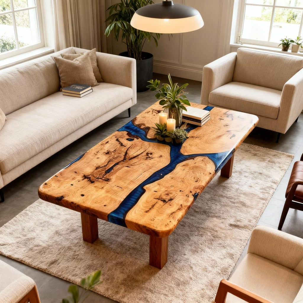 Table rivière en bois de peuplier sur mesure, résine époxy, bleu nuit NQF-739