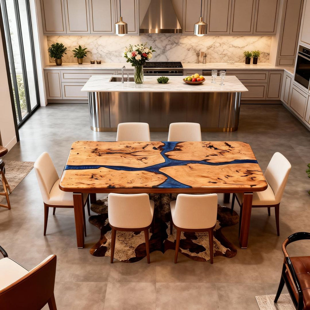 Table rivière en bois de peuplier sur mesure, résine époxy, bleu nuit NQF-739