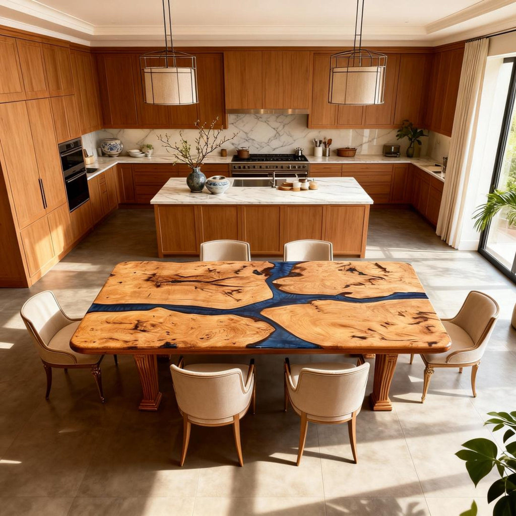 Table rivière en bois de peuplier sur mesure, résine époxy, bleu nuit NQF-739