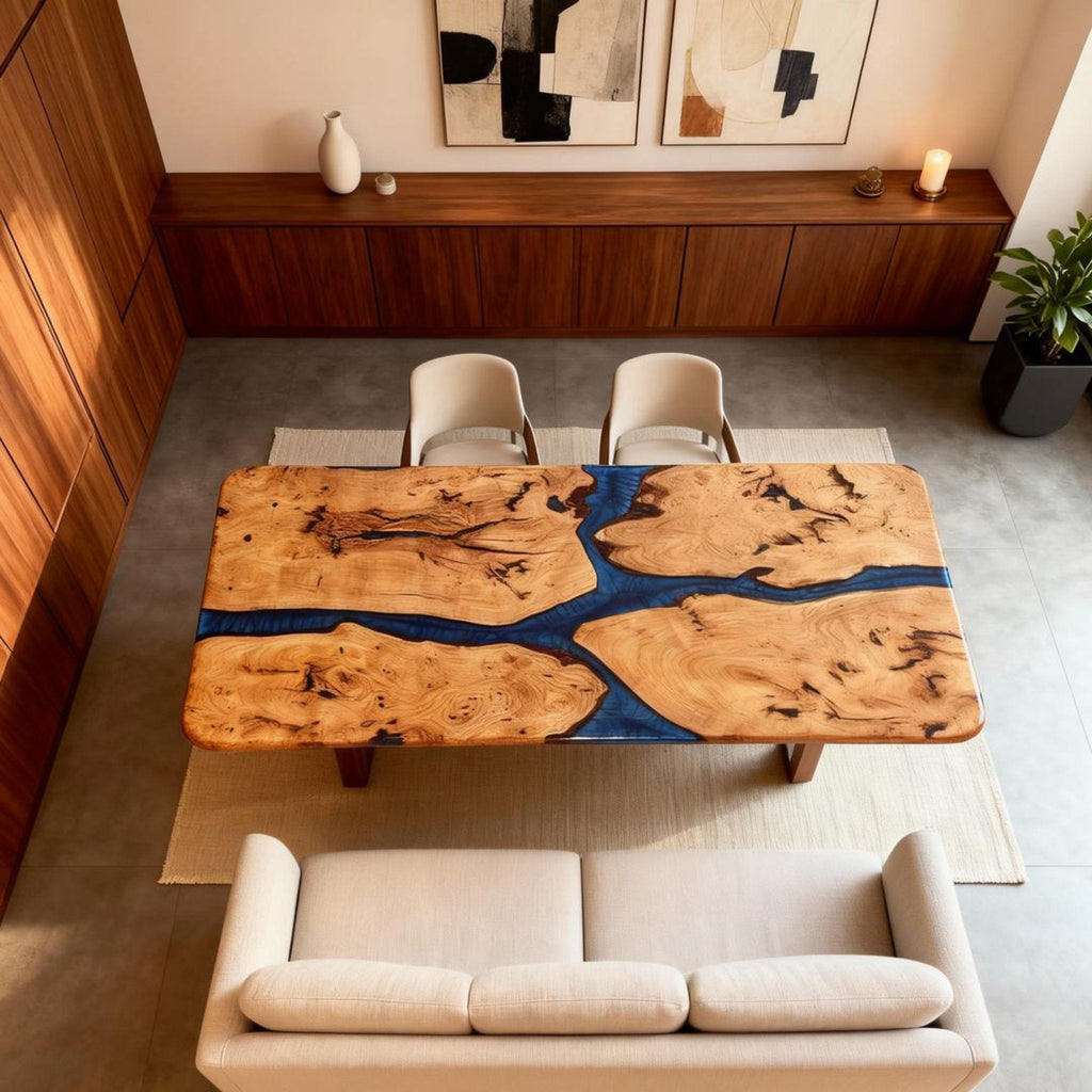 Table rivière en bois de peuplier sur mesure, résine époxy, bleu nuit NQF-739