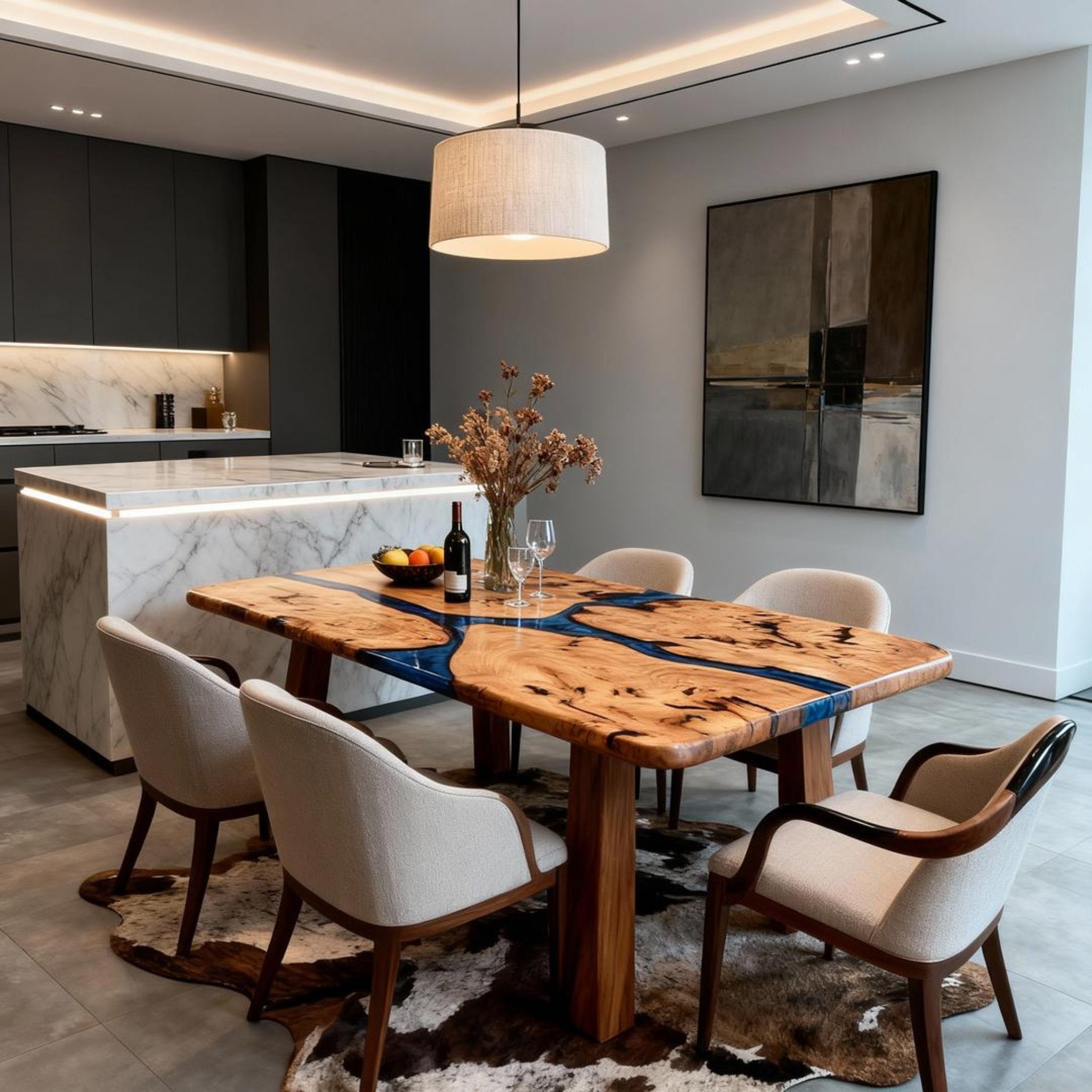 Table rivière en bois de peuplier sur mesure, résine époxy, bleu nuit NQF-739