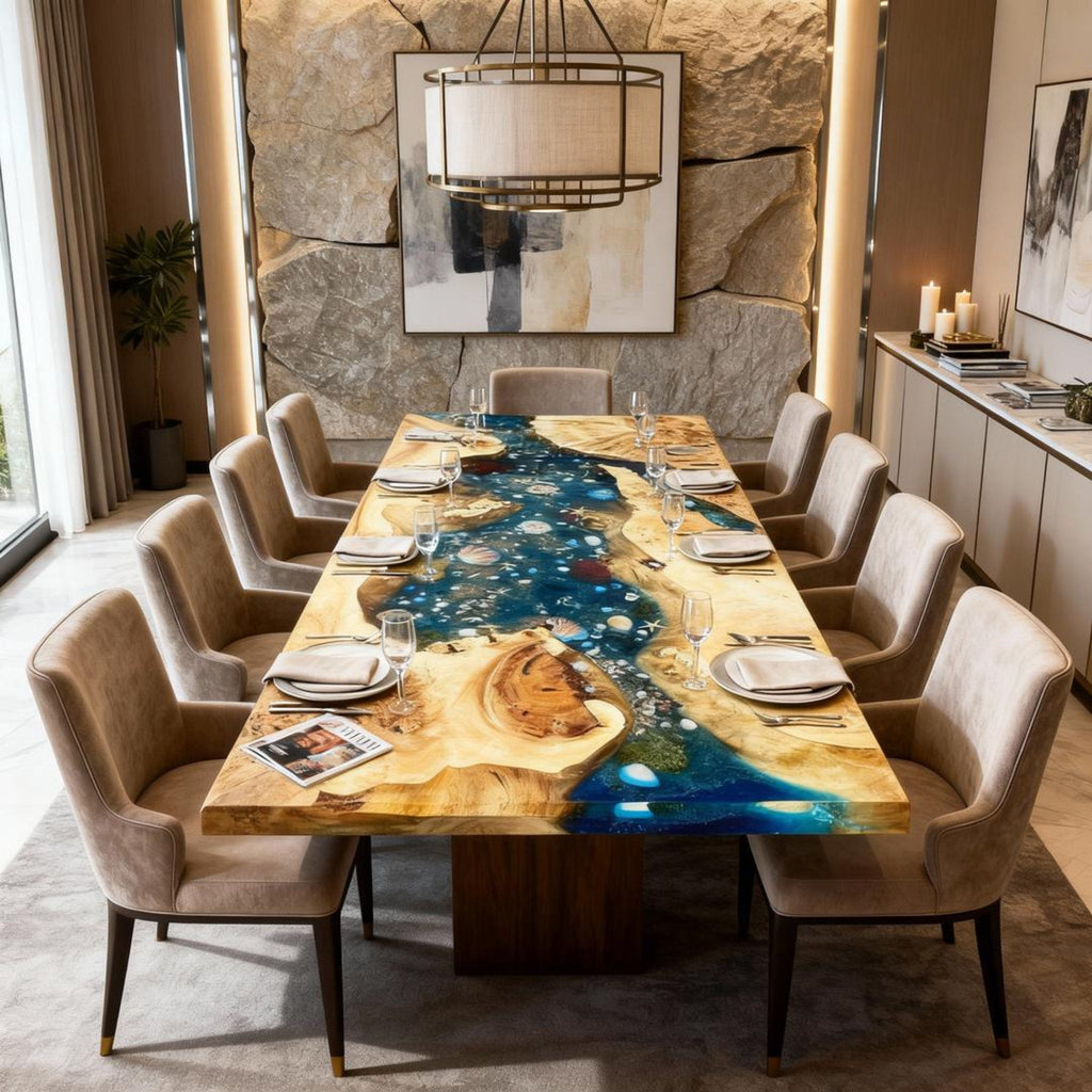 Table rivière sur mesure en bois de peuplier et résine époxy, bleu sarcelle nuit, VJK-482