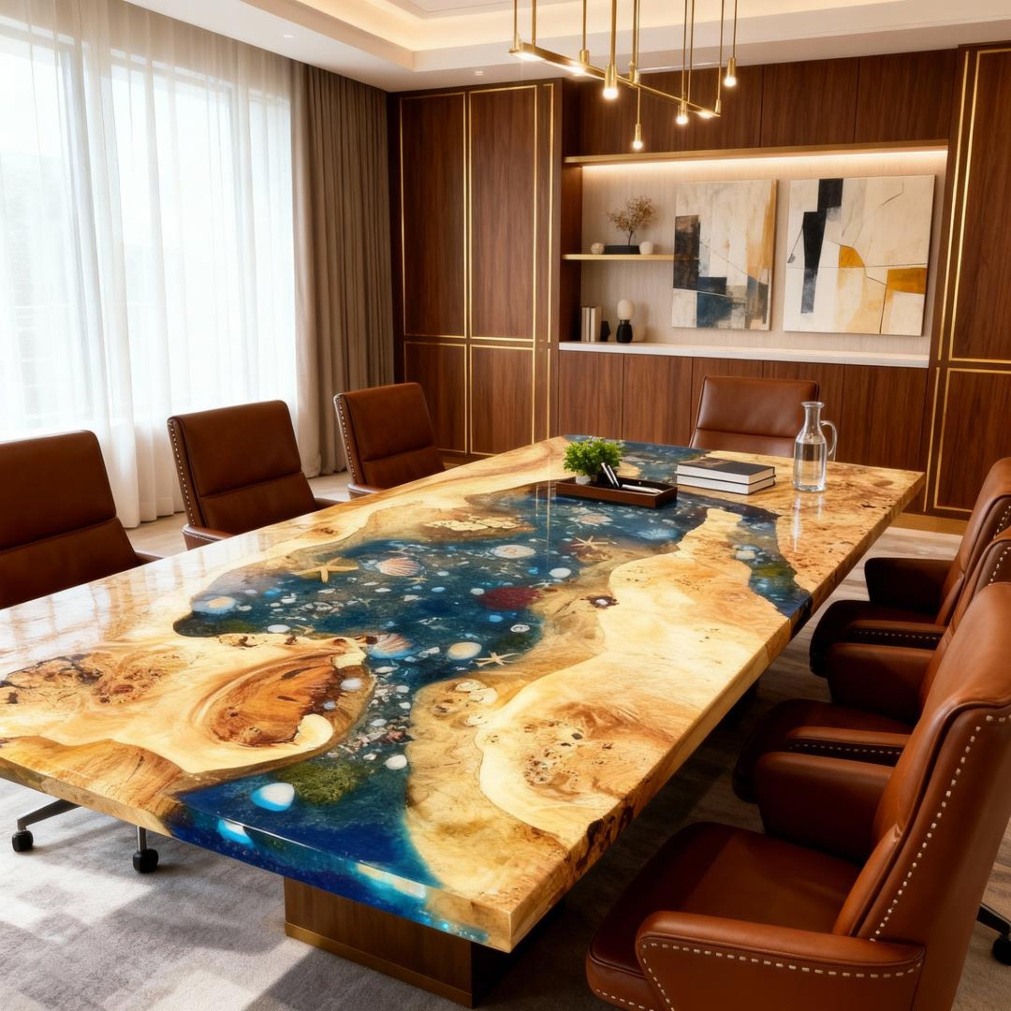 Table rivière sur mesure en bois de peuplier et résine époxy, bleu sarcelle nuit, VJK-482