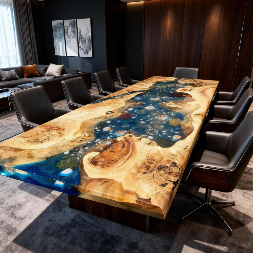 Table rivière sur mesure en bois de peuplier et résine époxy, bleu sarcelle nuit, VJK-482