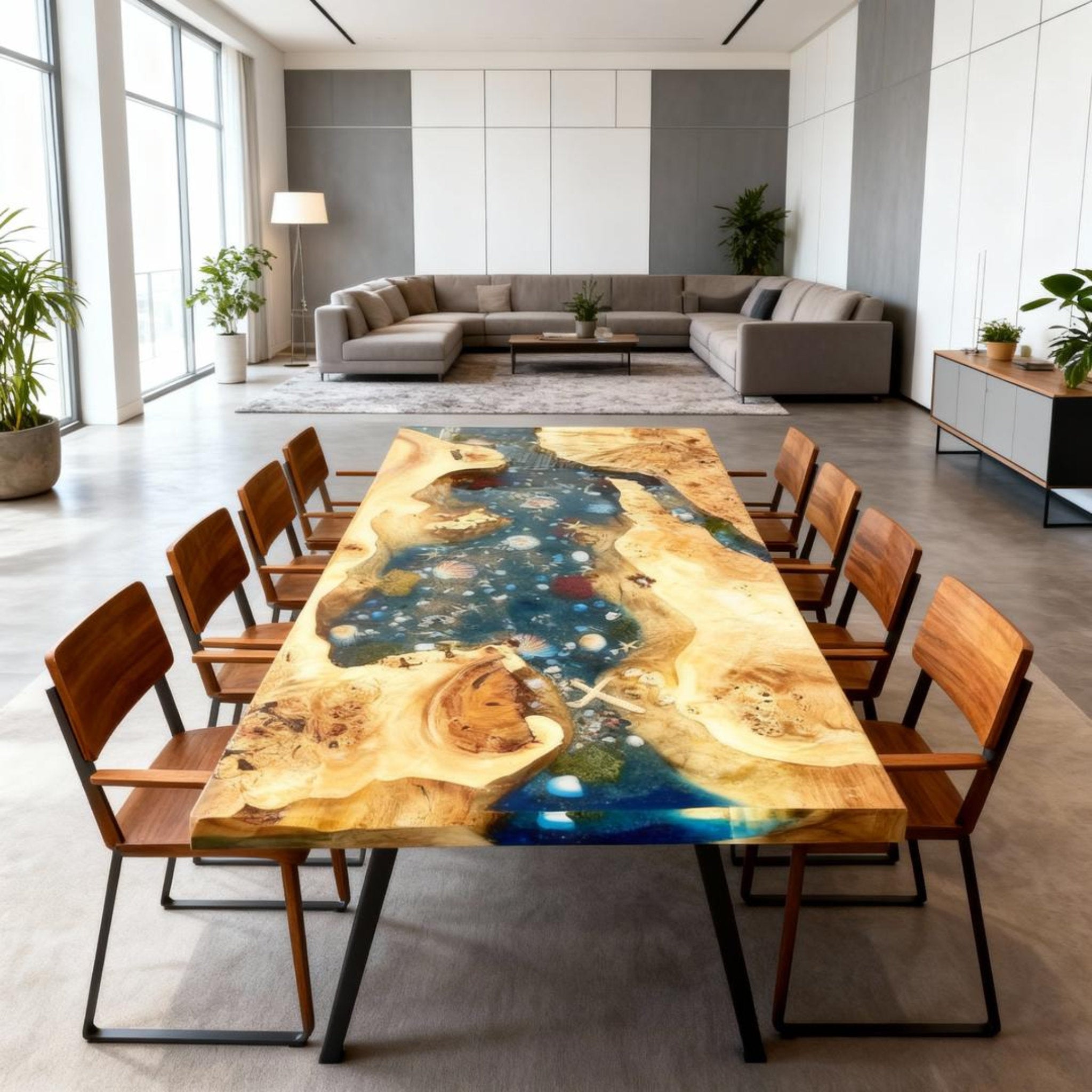 Table rivière sur mesure en bois de peuplier et résine époxy, bleu sarcelle nuit, VJK-482