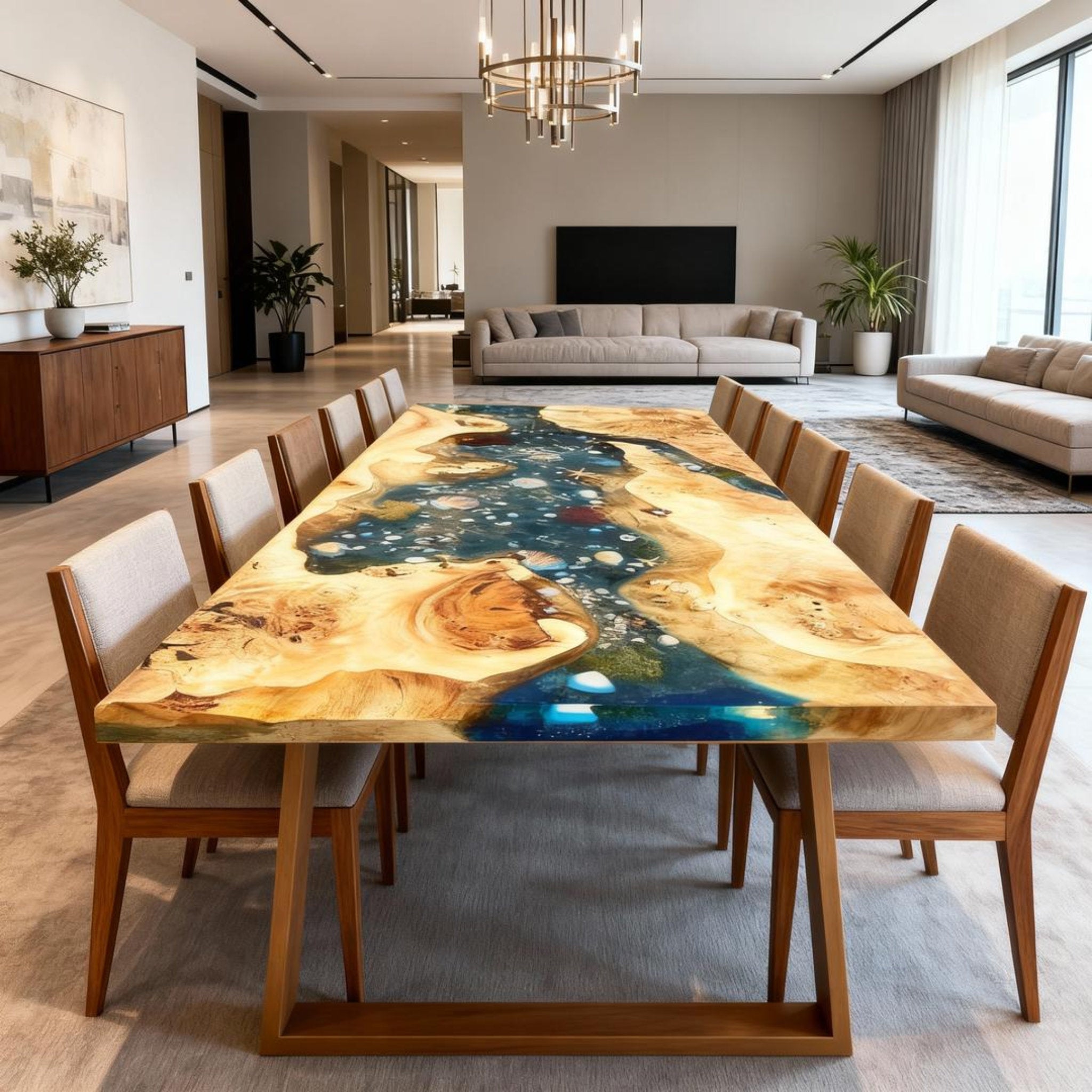 Table rivière sur mesure en bois de peuplier et résine époxy, bleu sarcelle nuit, VJK-482