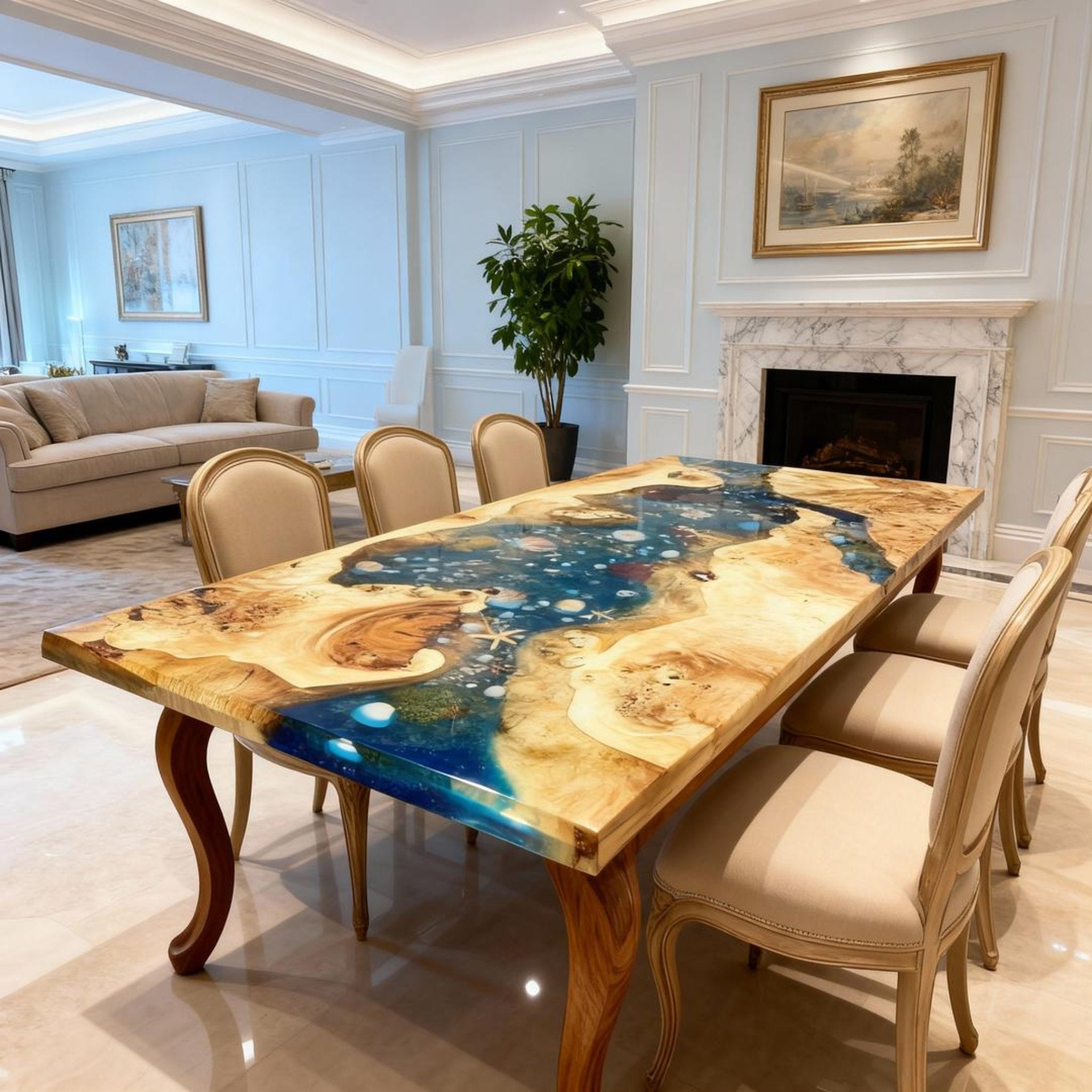 Table rivière sur mesure en bois de peuplier et résine époxy, bleu sarcelle nuit, VJK-482