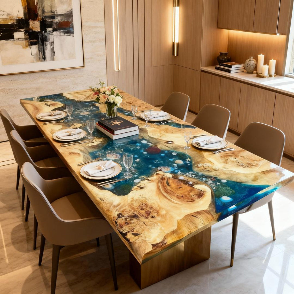 Table rivière sur mesure en bois de peuplier et résine époxy, bleu sarcelle nuit, VJK-482