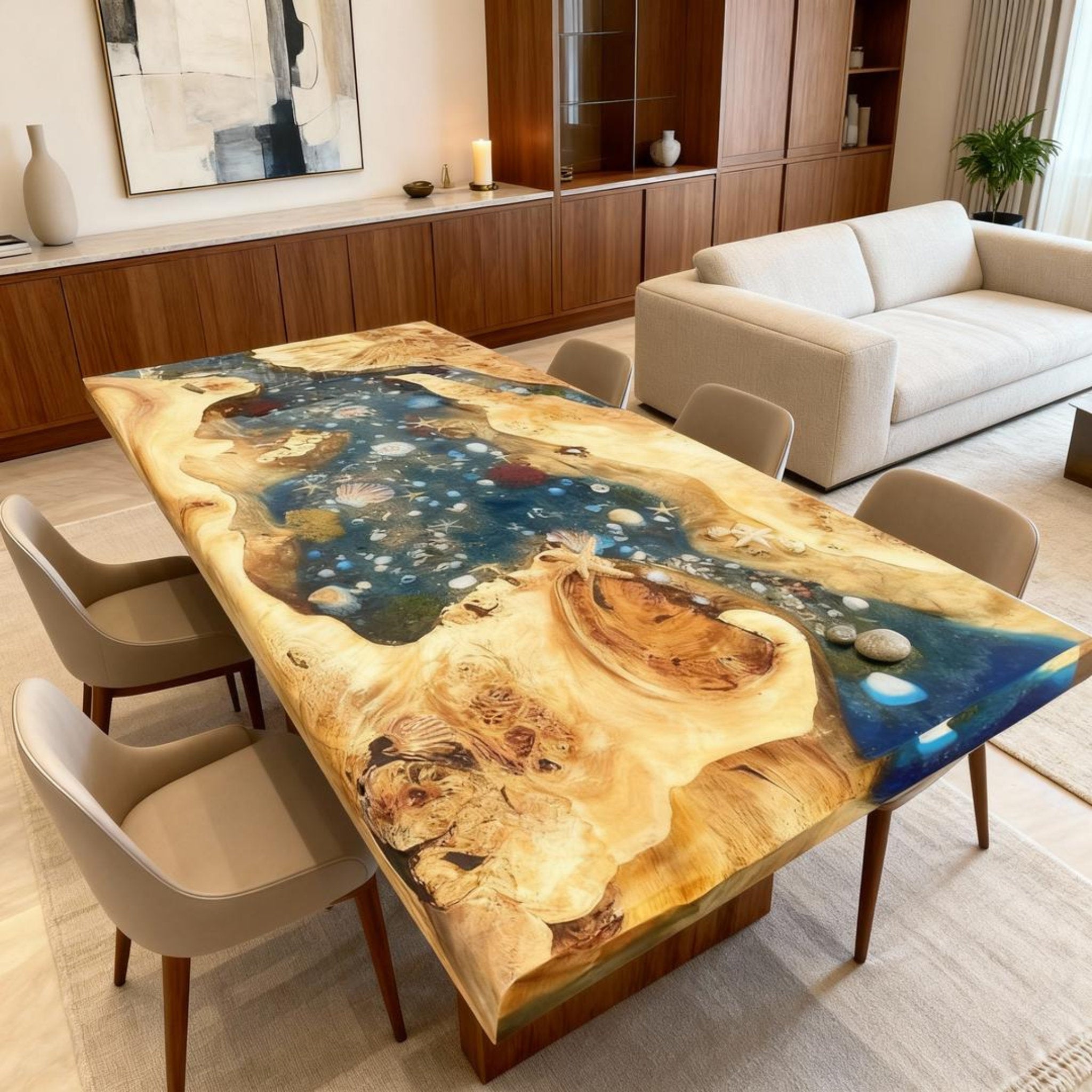 Table rivière sur mesure en bois de peuplier et résine époxy, bleu sarcelle nuit, VJK-482