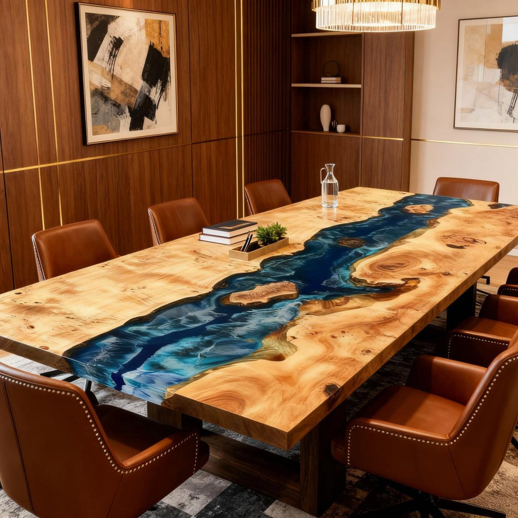 Table rivière sur mesure en bois de peuplier et résine époxy, bleu nuit à turquoise, VXL-573