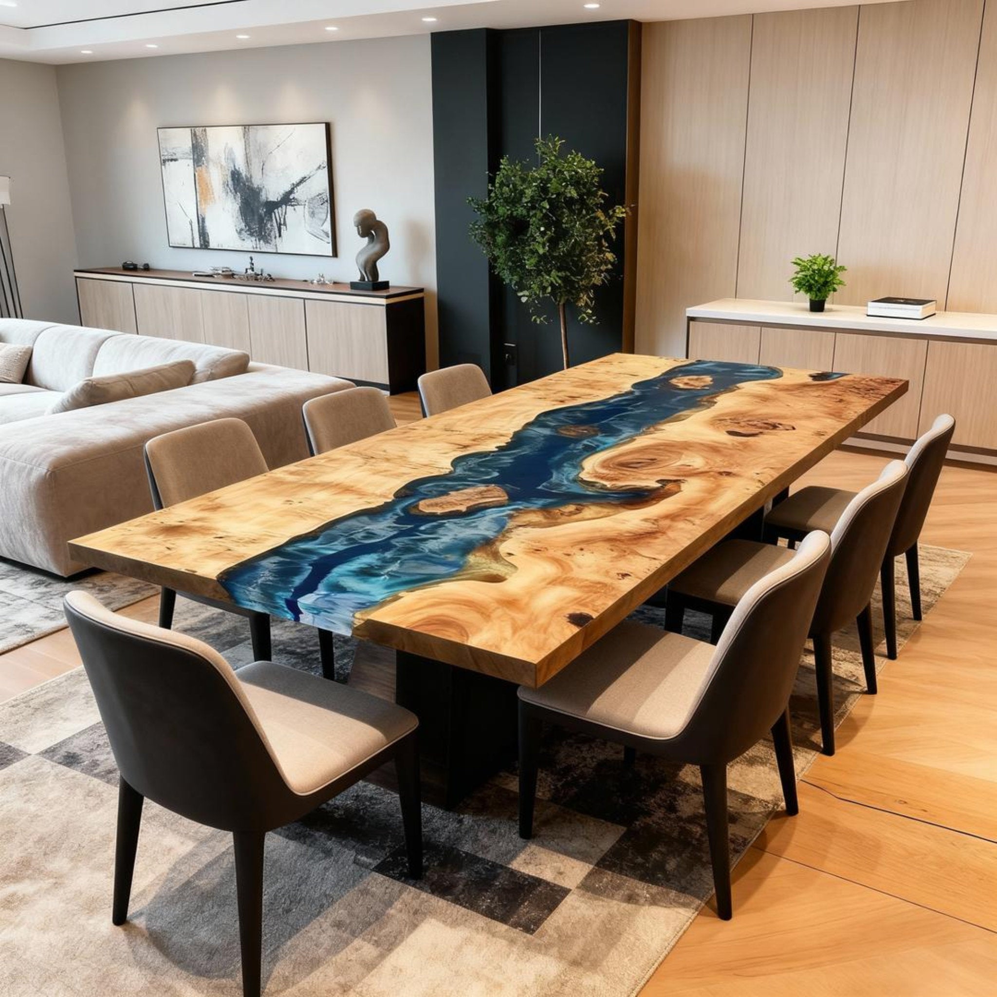 Table rivière sur mesure en bois de peuplier et résine époxy, bleu nuit à turquoise, VXL-573